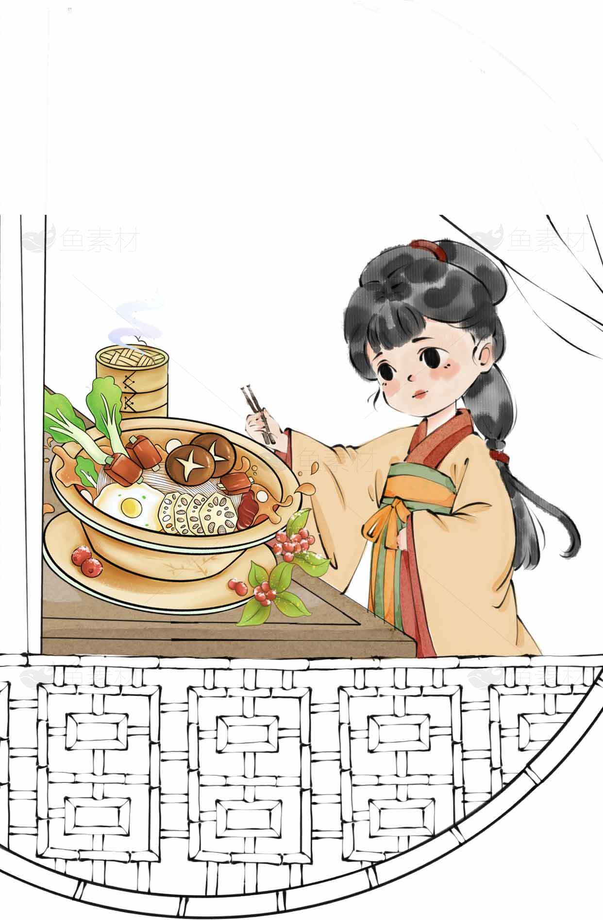 古风美食插画：传统中式美食与古代人物场景素材