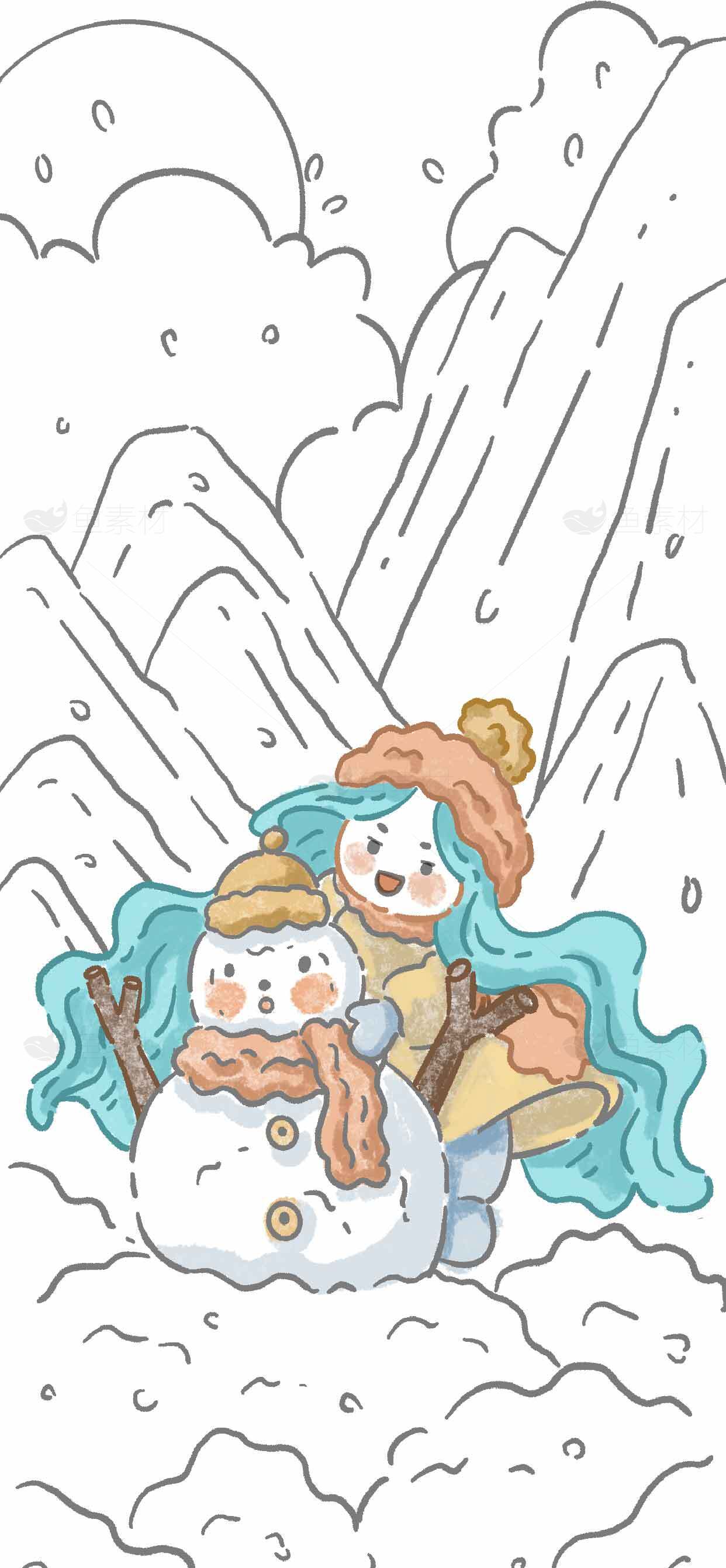 冬季雪景插画：女孩与雪人温馨场景素材