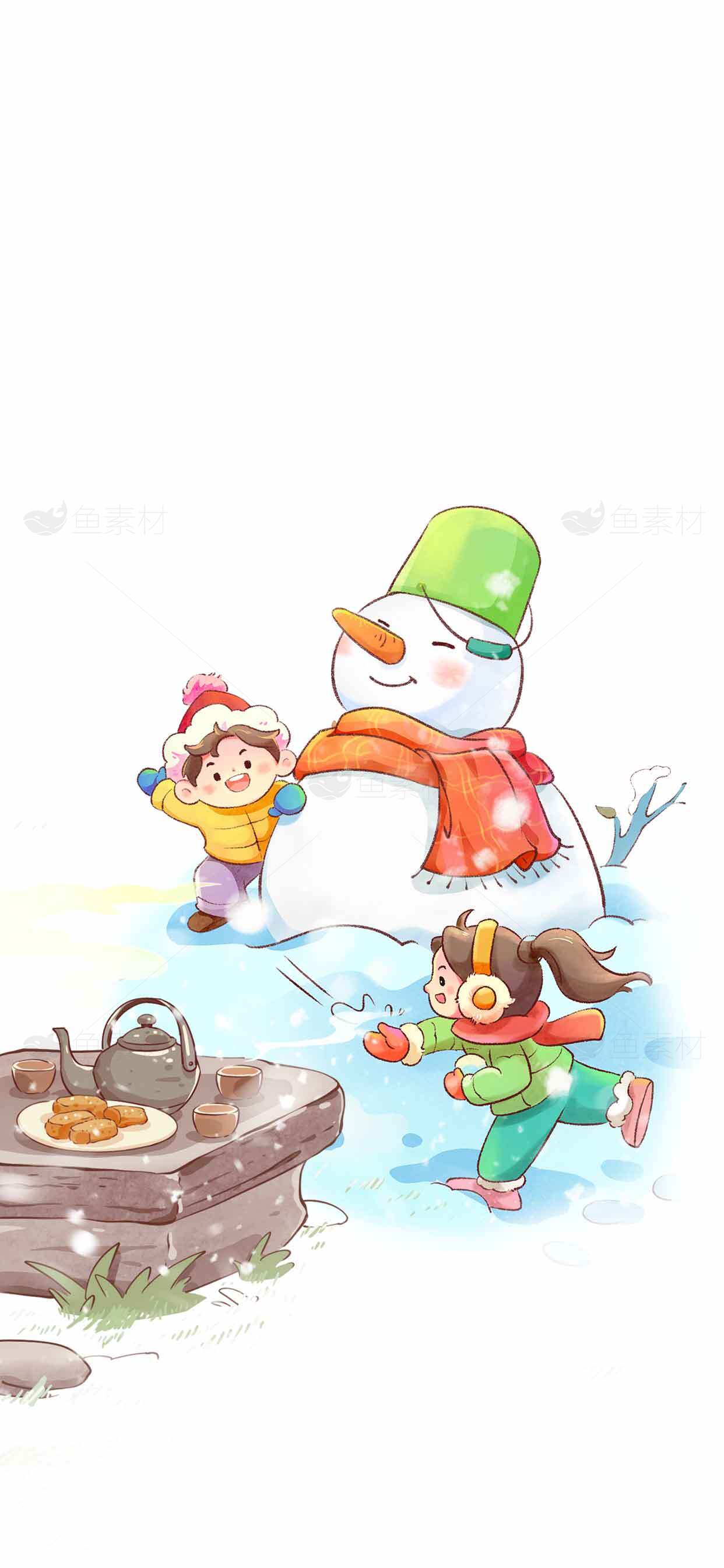 冬季雪人嬉戏插画，温馨童趣场景素材