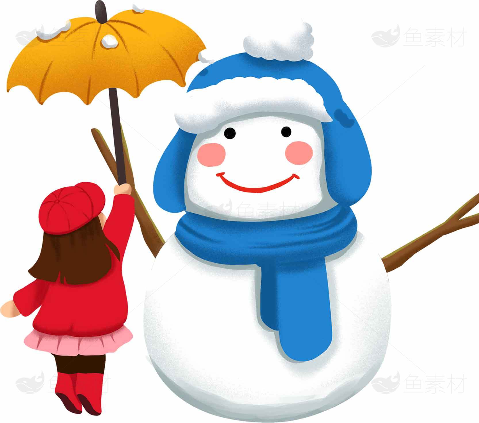 可爱雪人和小女孩的冬日温馨场景素材