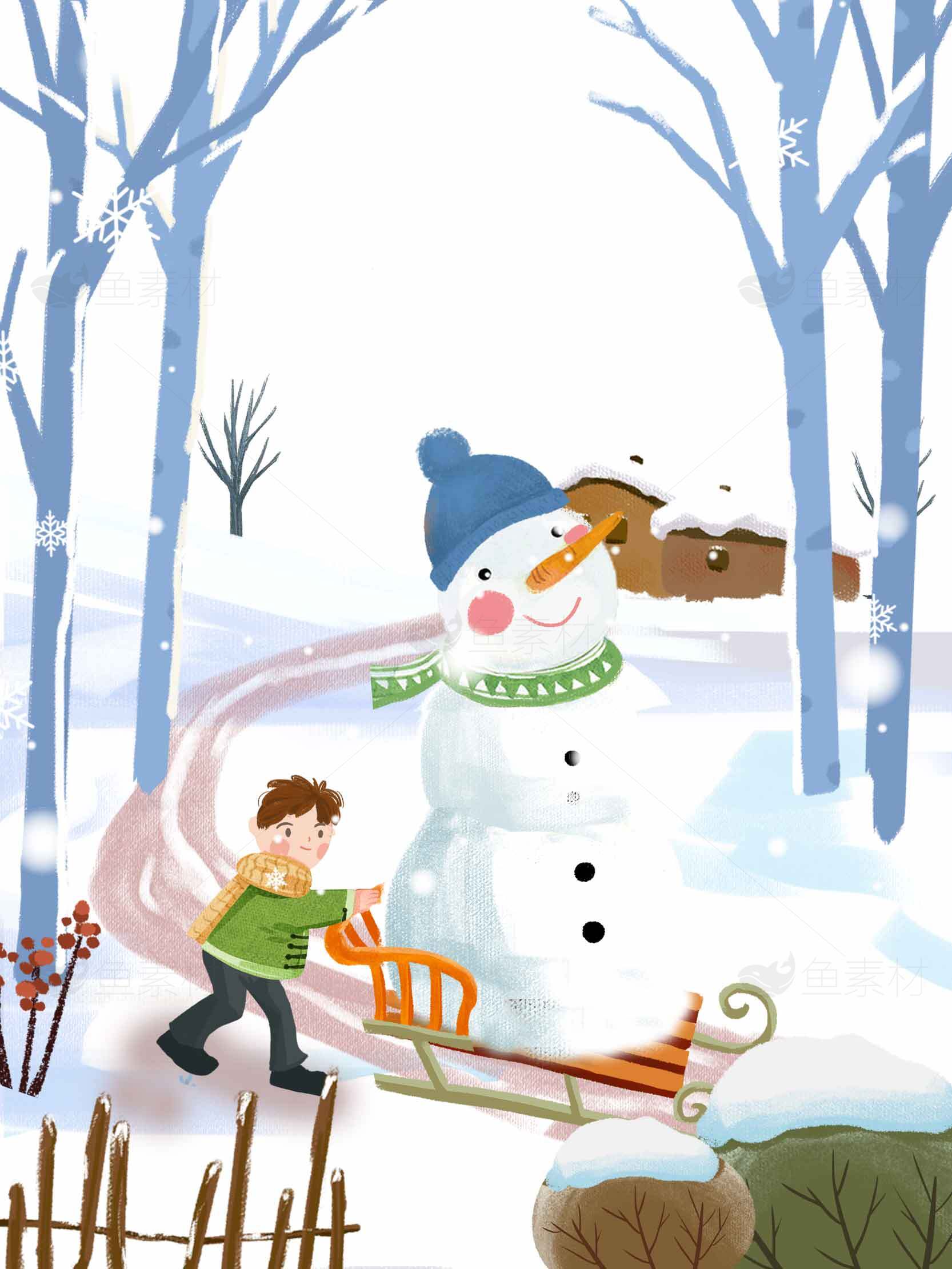 冬季雪人与孩子欢乐互动插画素材