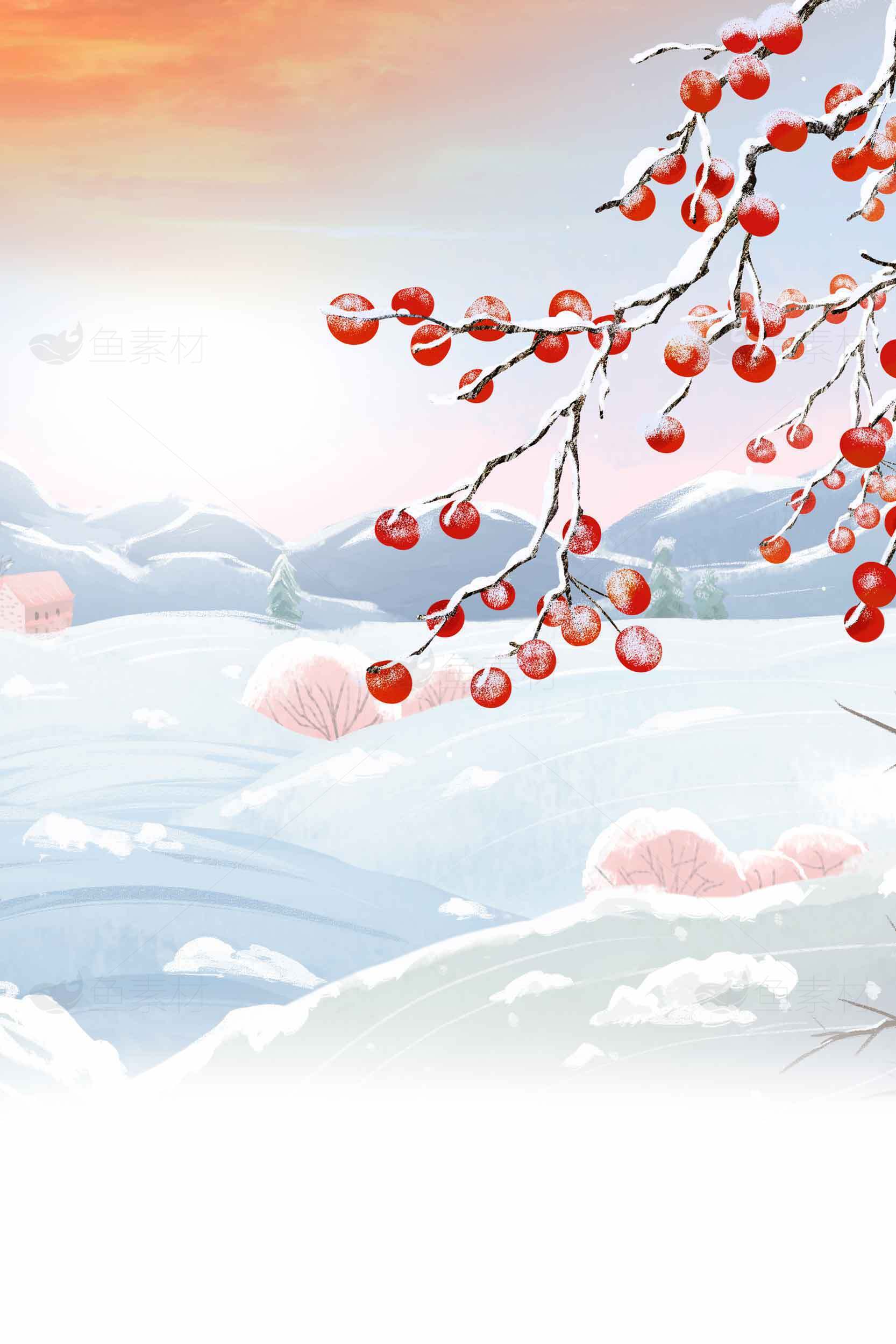 冬日雪景与红果枝的唯美画面素材