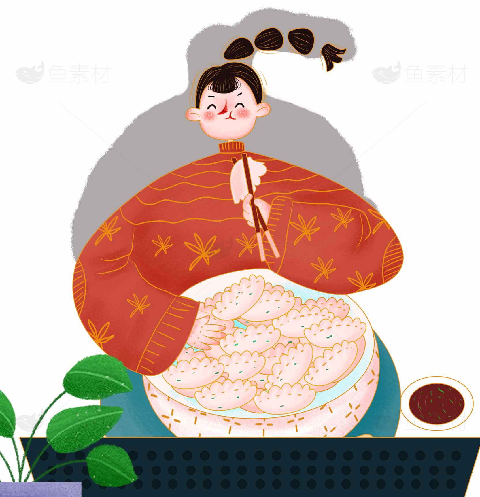 家庭手工制作饺子场景插画素材