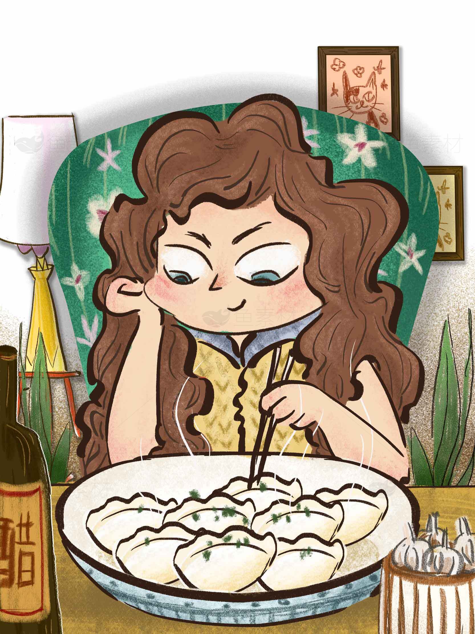 女孩享用美味饺子插画素材