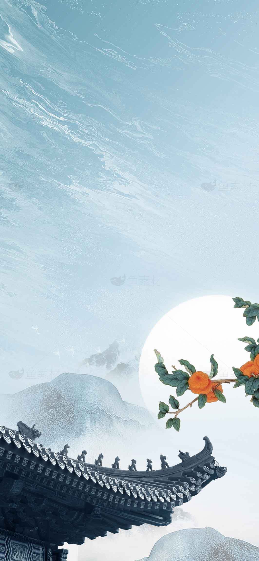 中国传统水墨风景画：屋檐与橙花在月光下的唯美意境素材