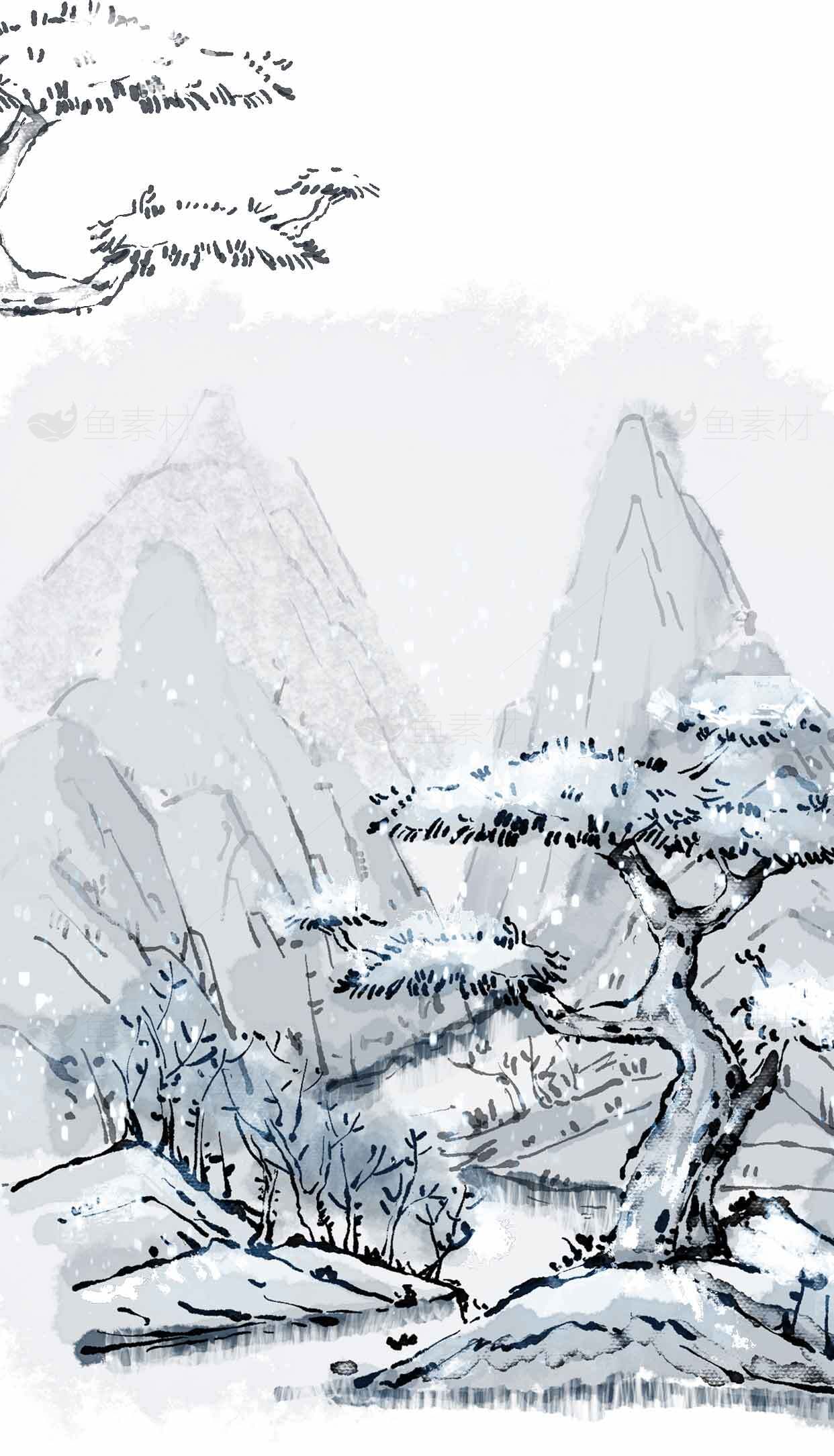 中国水墨画冬季山水风景高清图片素材