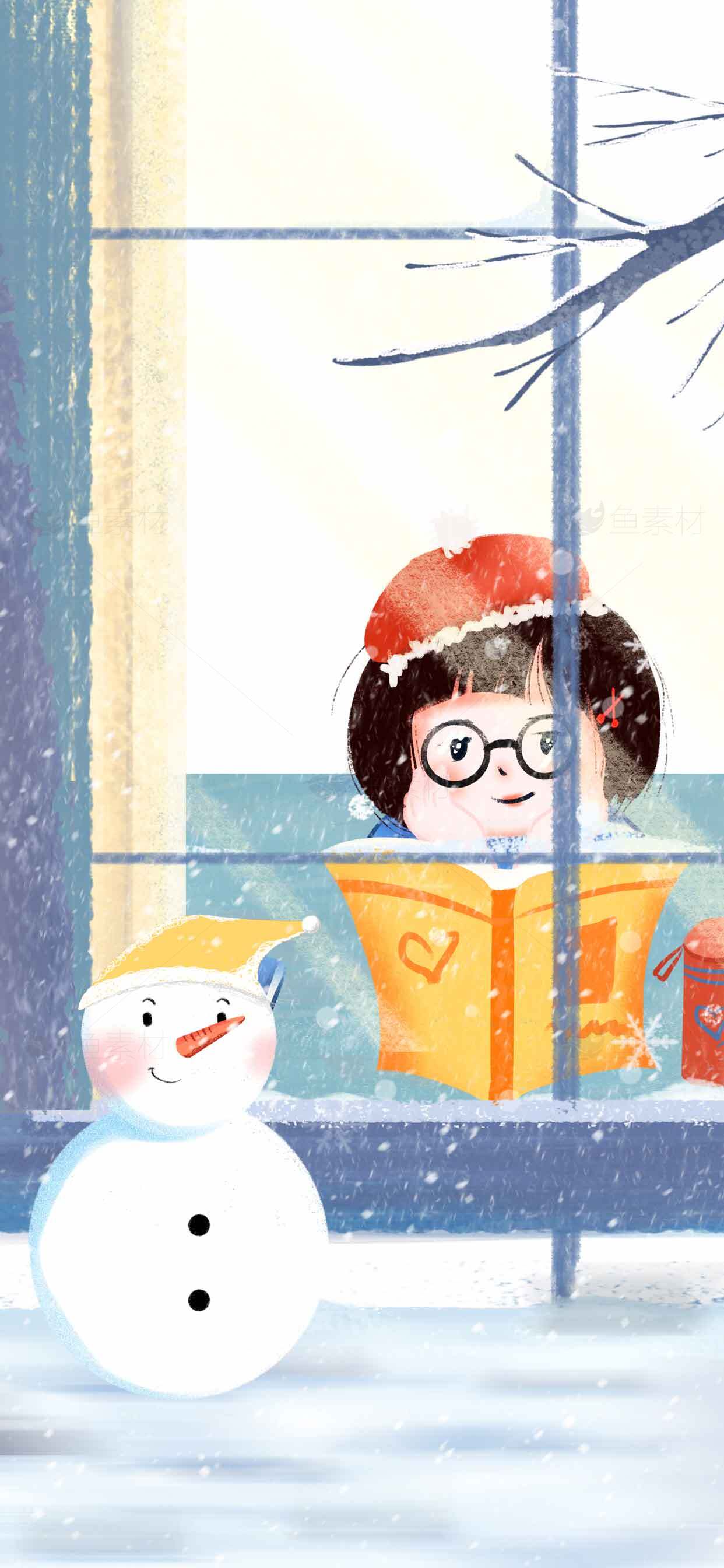 冬季节日插画：窗边的雪人与礼物素材