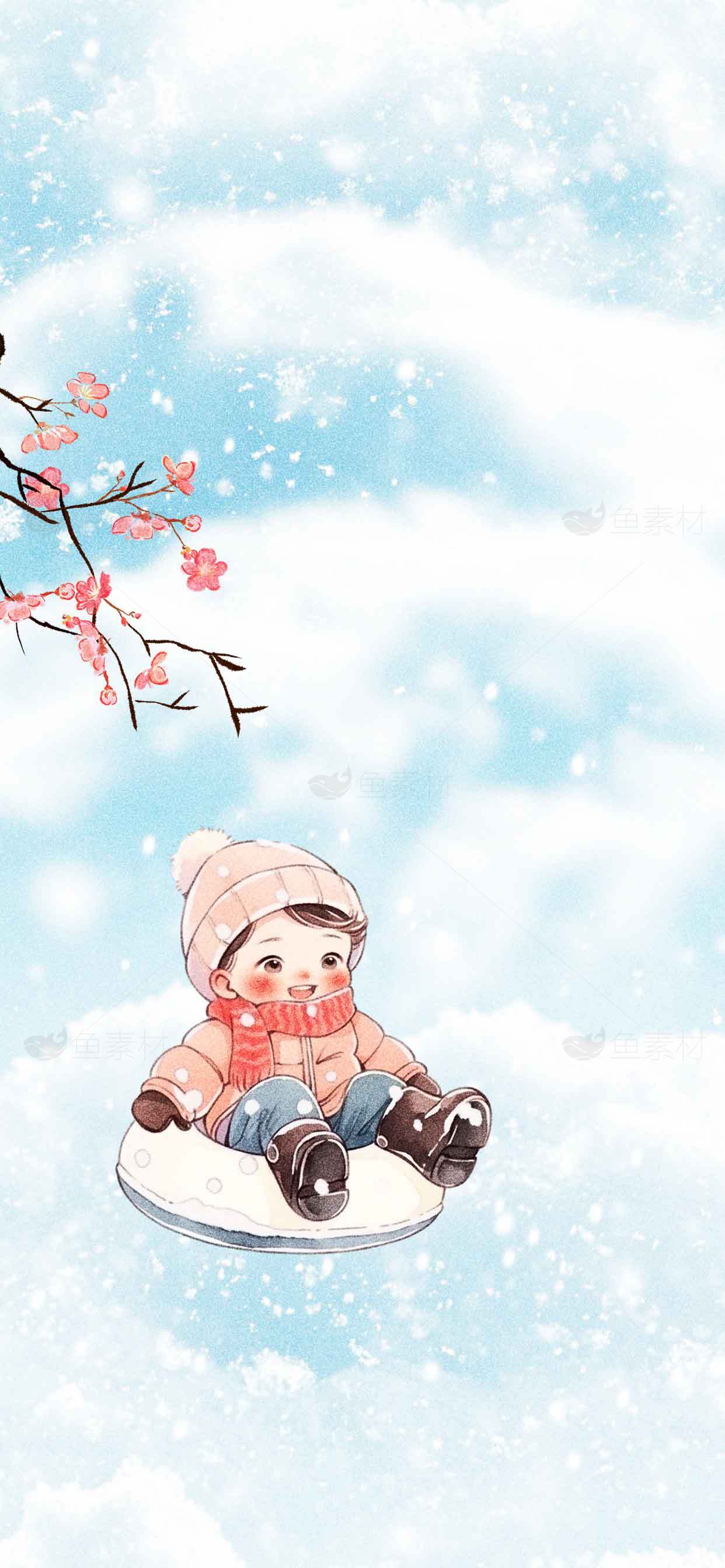 冬季雪地卡通插画：可爱小孩与樱花树素材