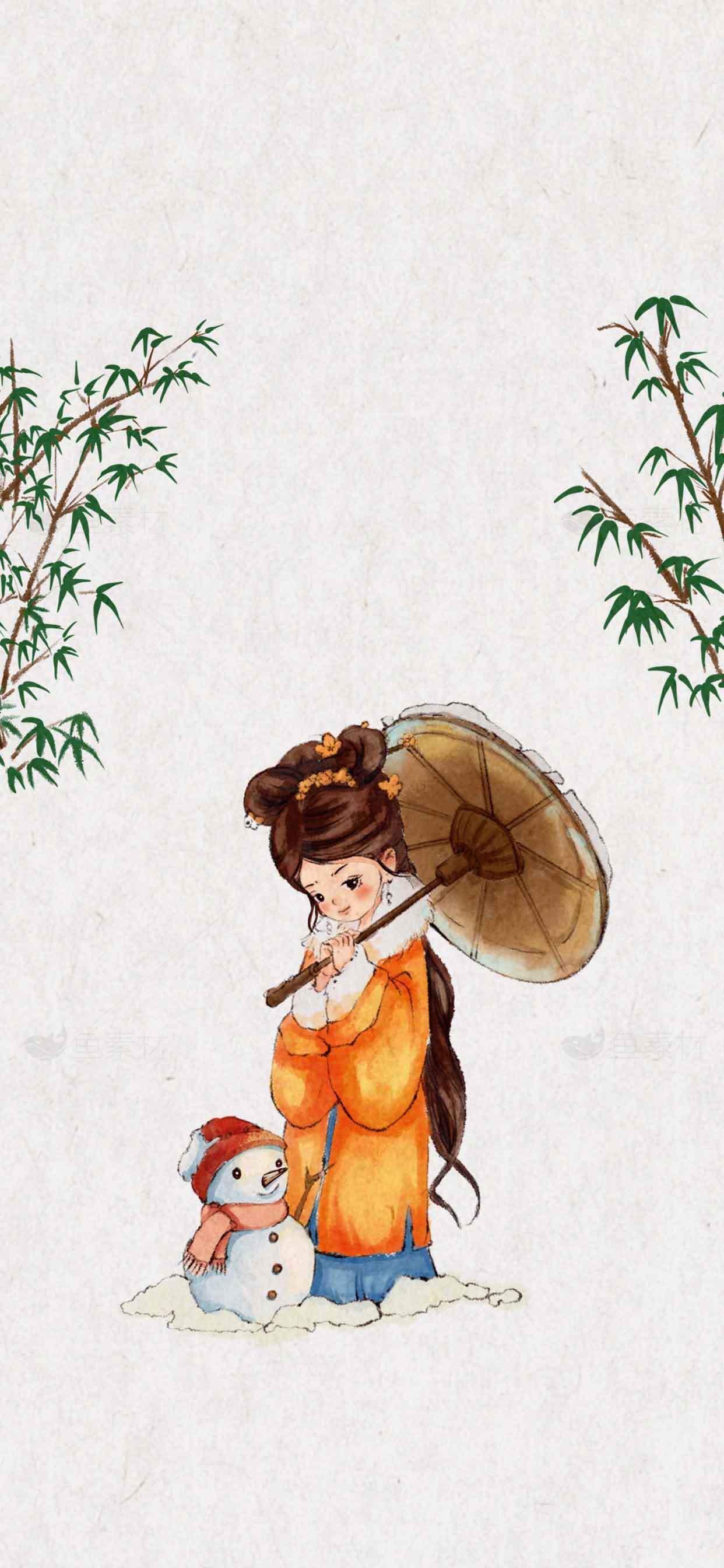 古风少女与雪人插画唯美冬景素材