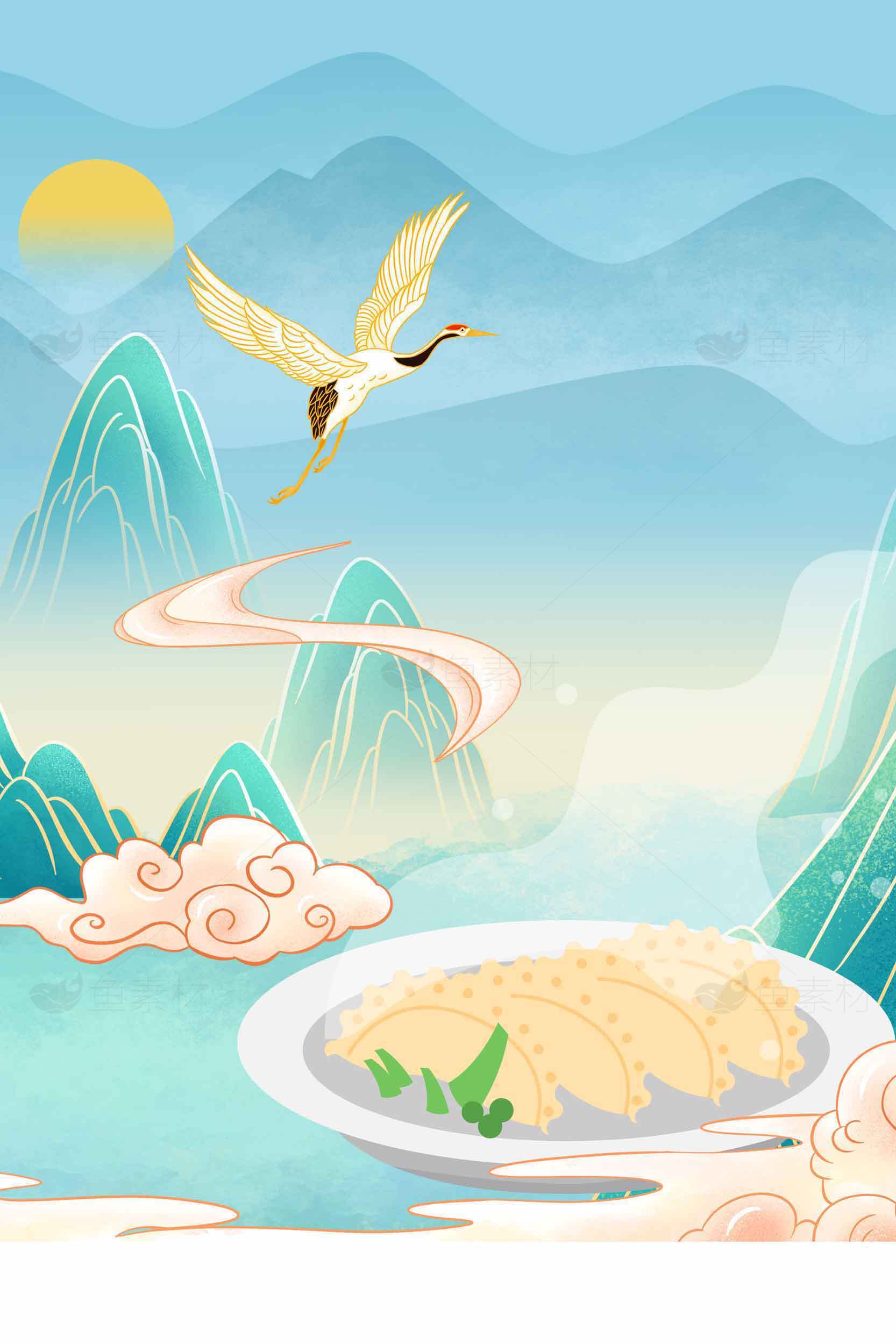 中国传统美食与山水画意结合的唯美插画素材