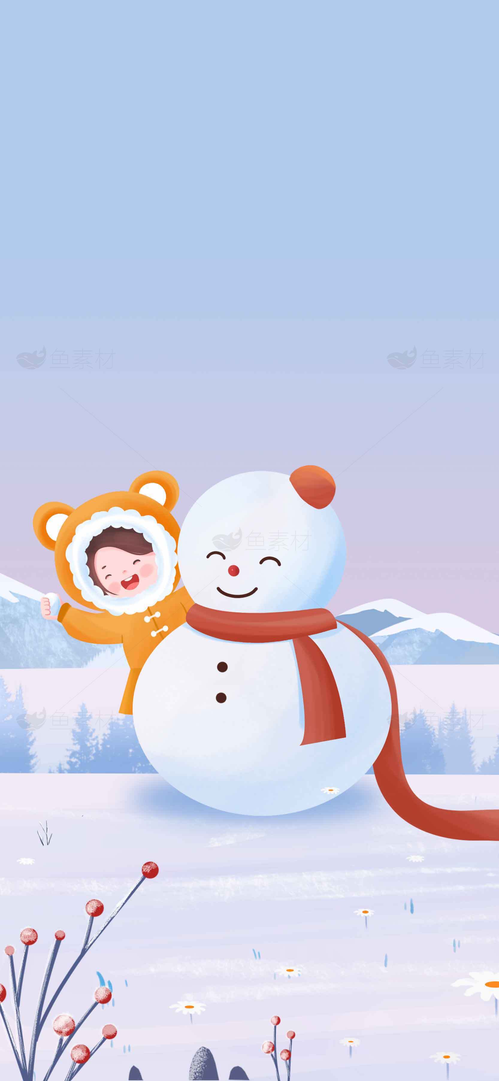 冬季雪人和孩子的温馨插画背景图片素材