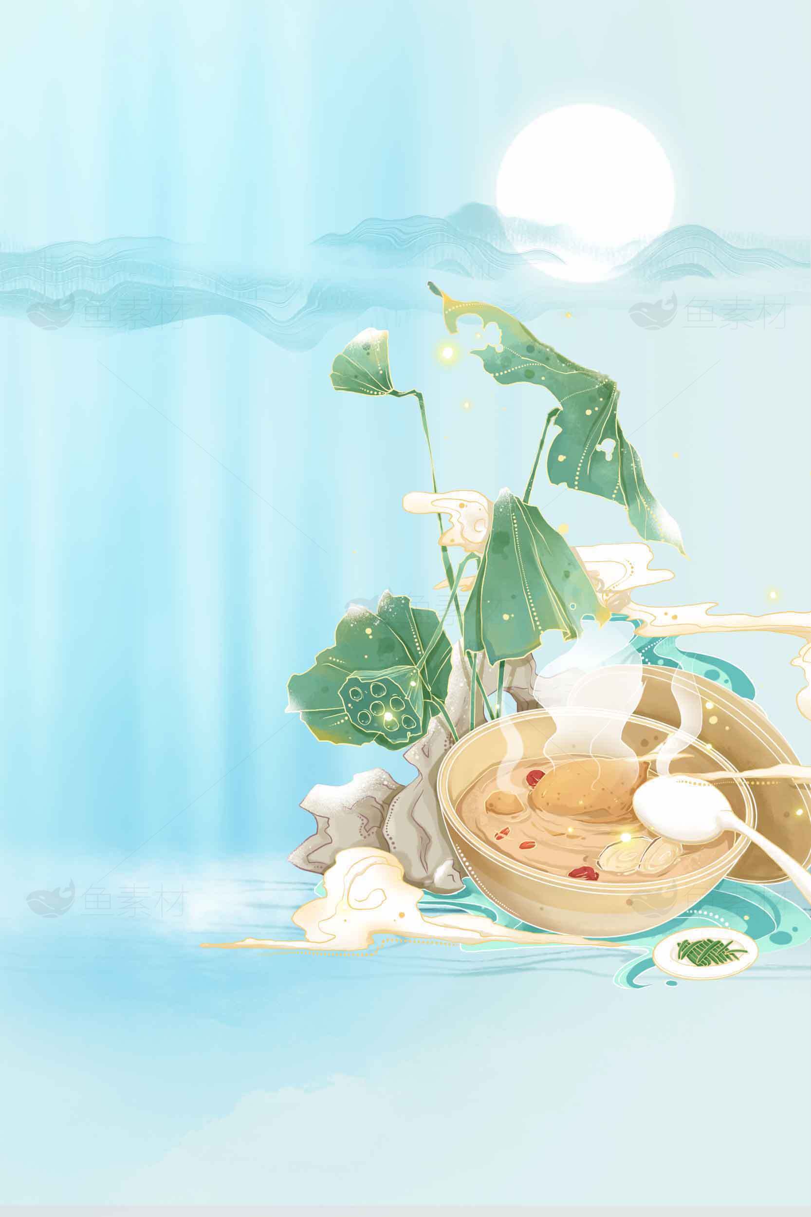 清新夏日荷叶与莲蓬插画背景素材