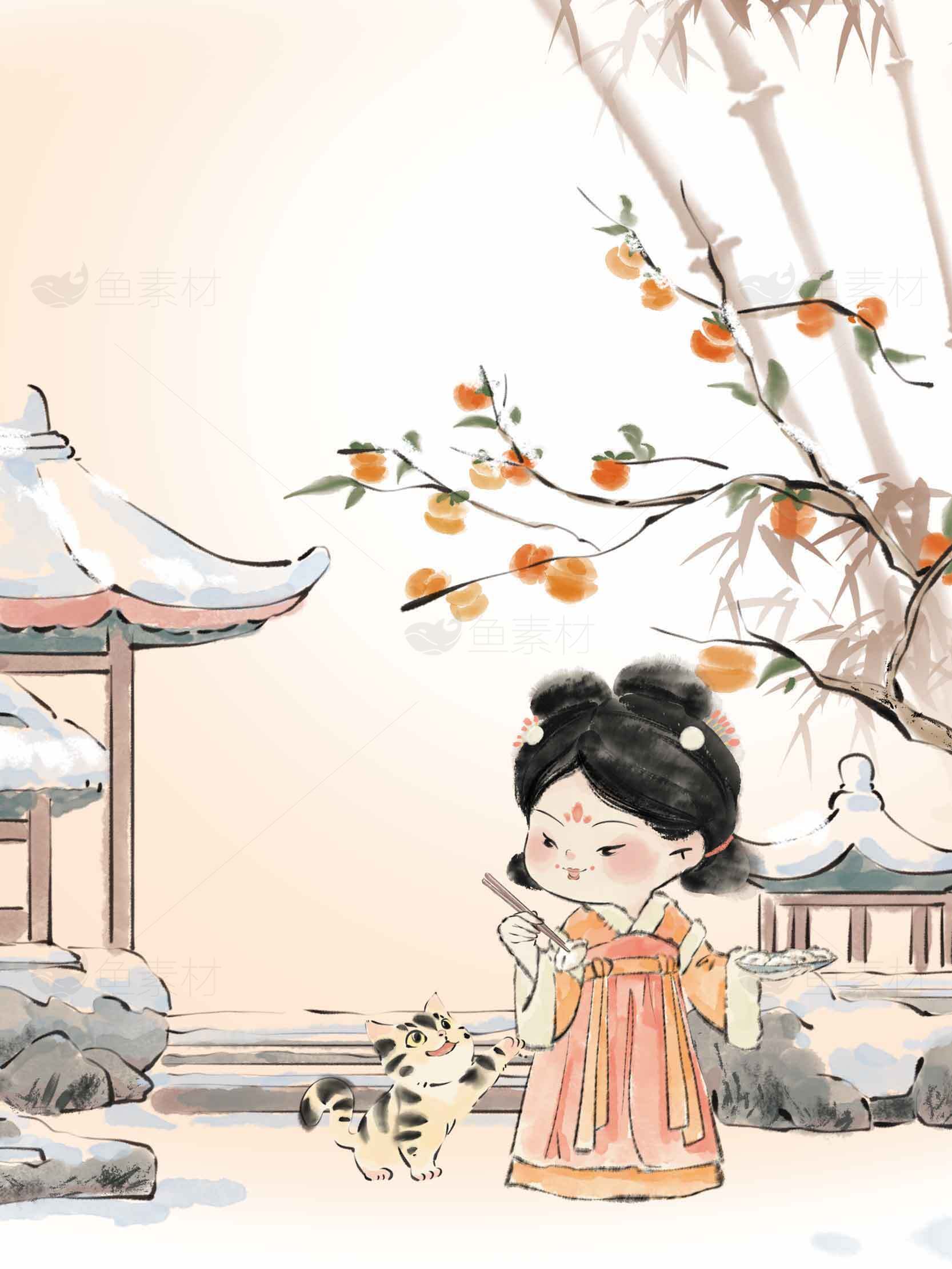 古风插画小女孩与小猫的冬日庭院场景素材