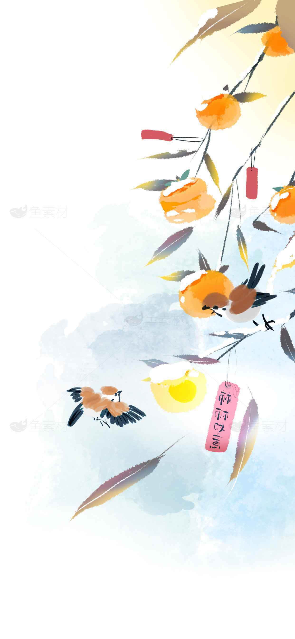 国风水墨柿子与小鸟插画图片素材