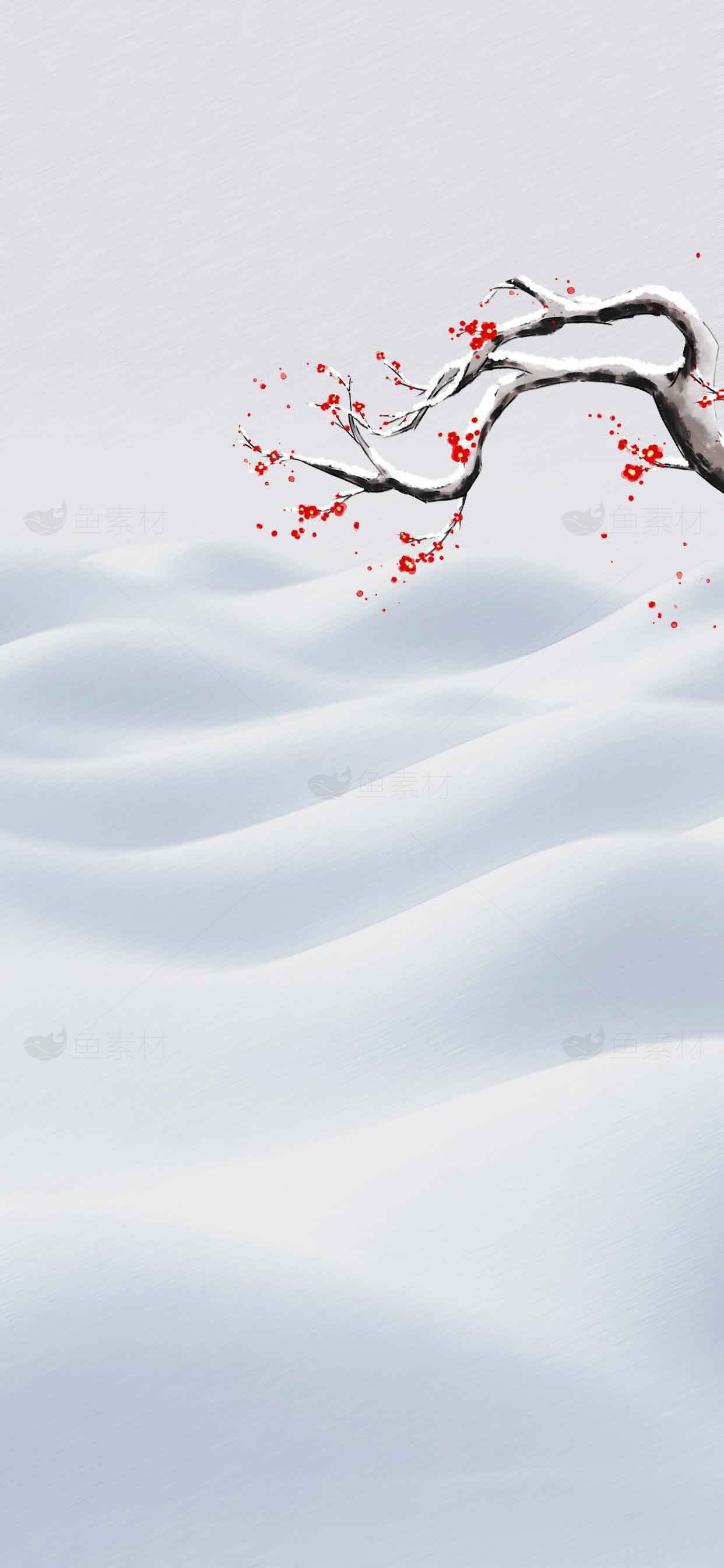 冬日雪景与红梅意境插画素材
