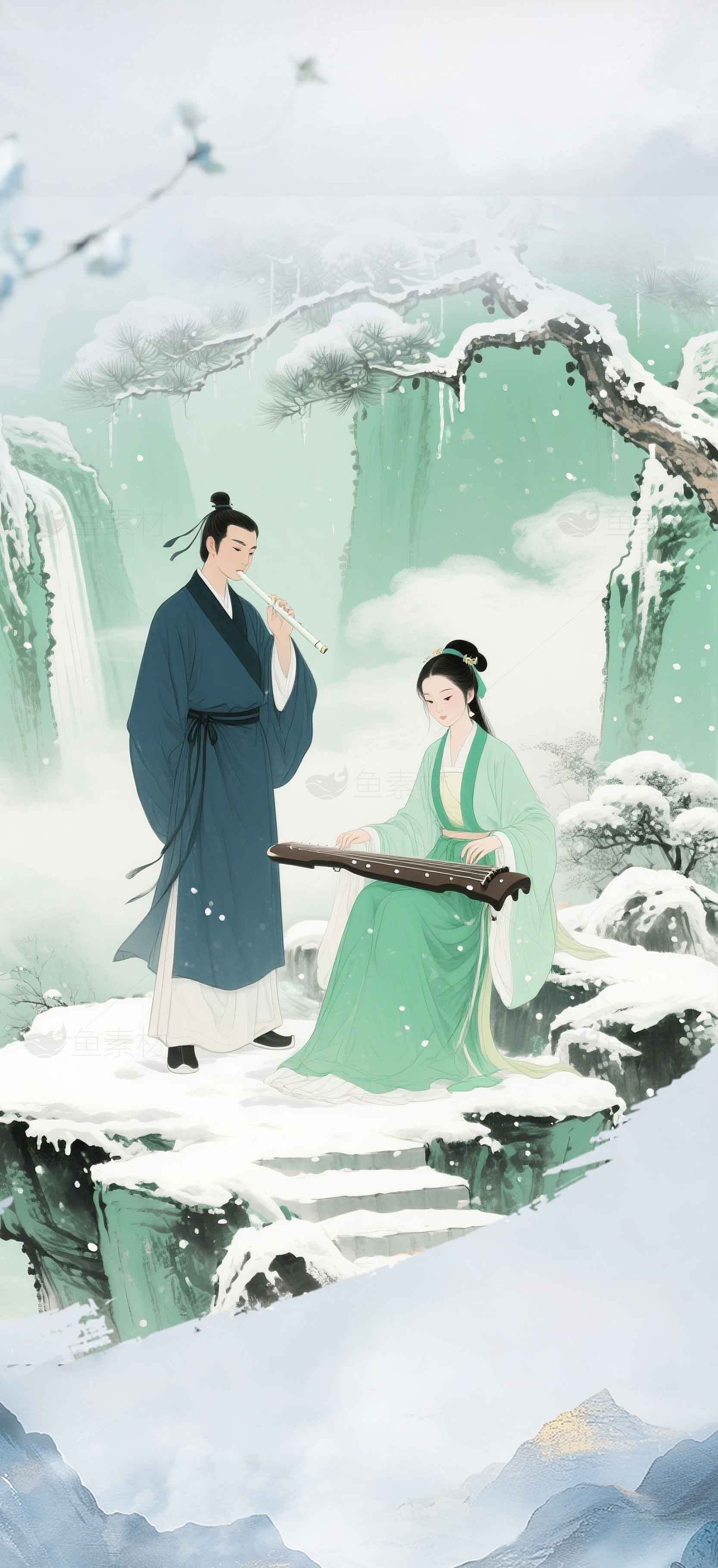 古风雪景中弹琴赏景唯美插画素材