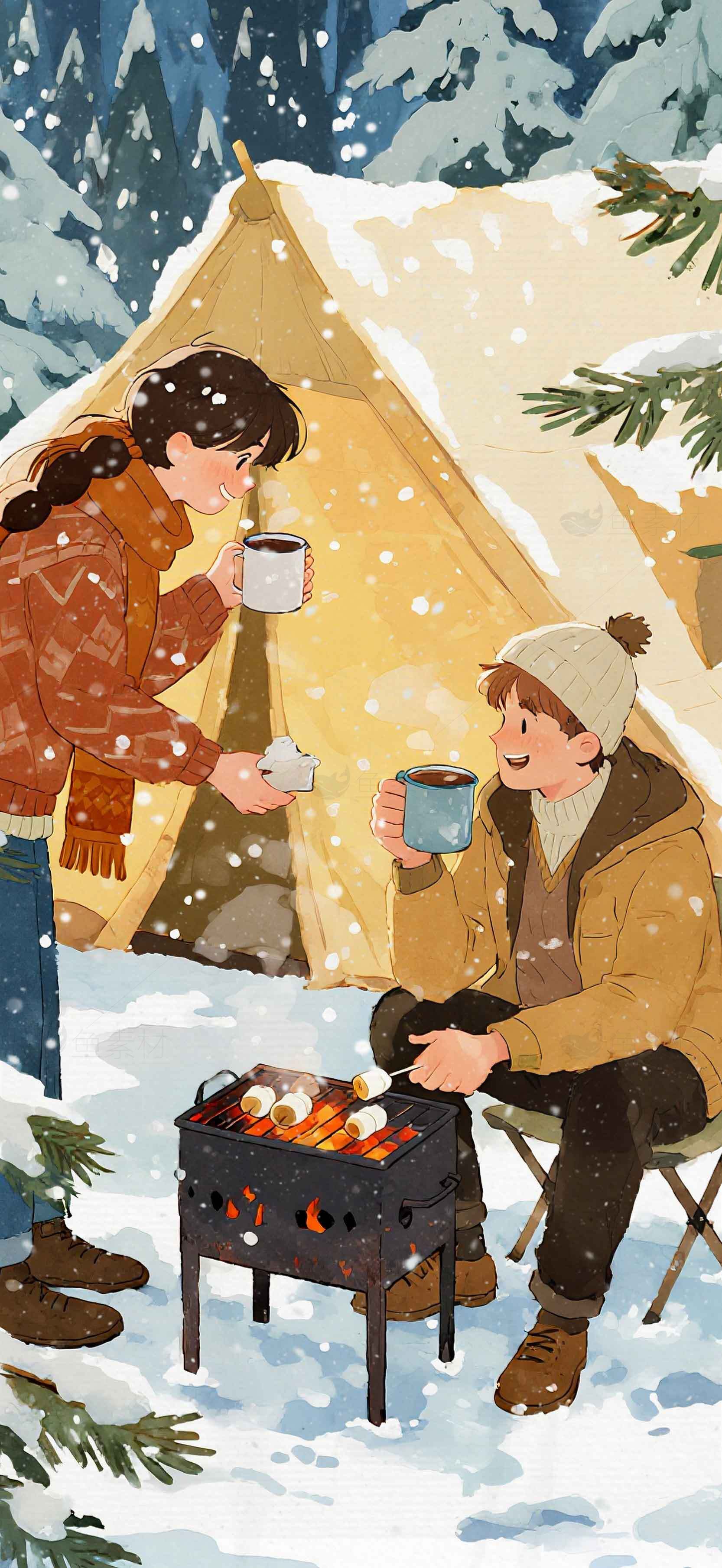冬季露营温馨场景插画：雪地篝火与热饮素材