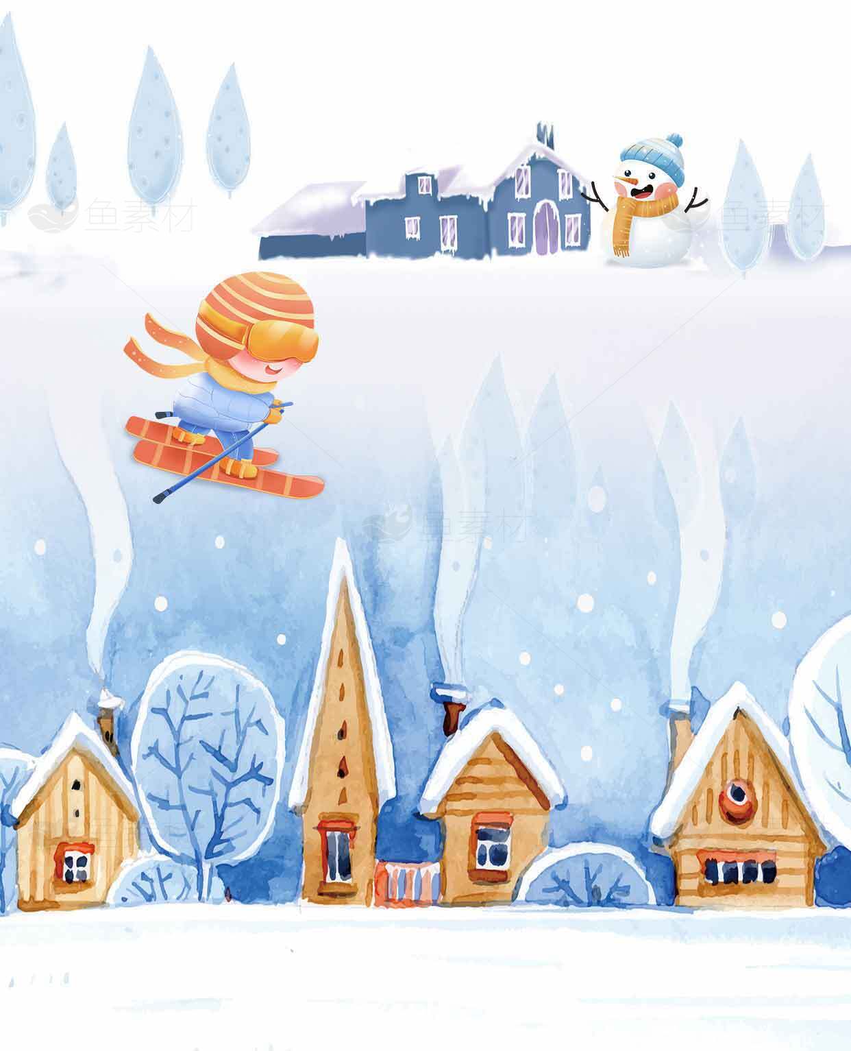 冬季童话插画：滑雪与雪人小屋的温馨场景素材