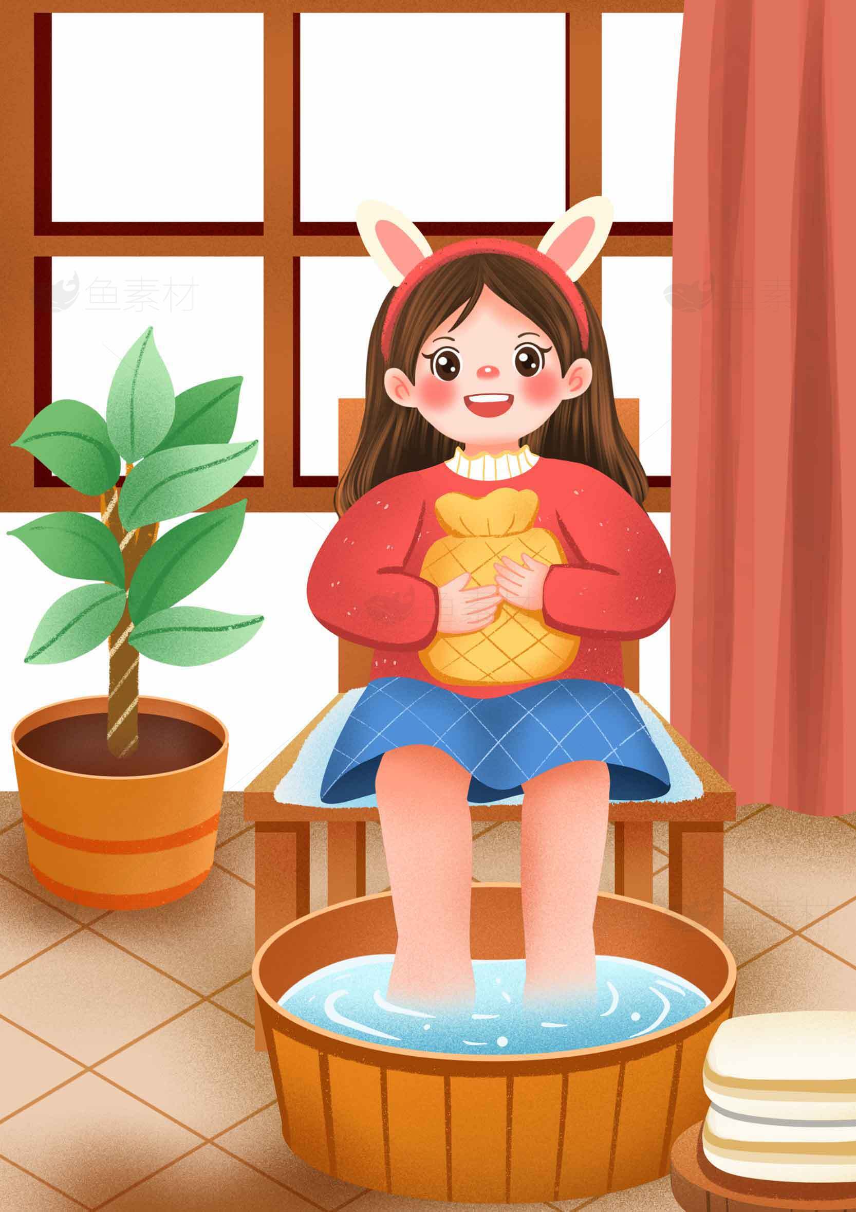 冬季居家泡脚插画图片素材