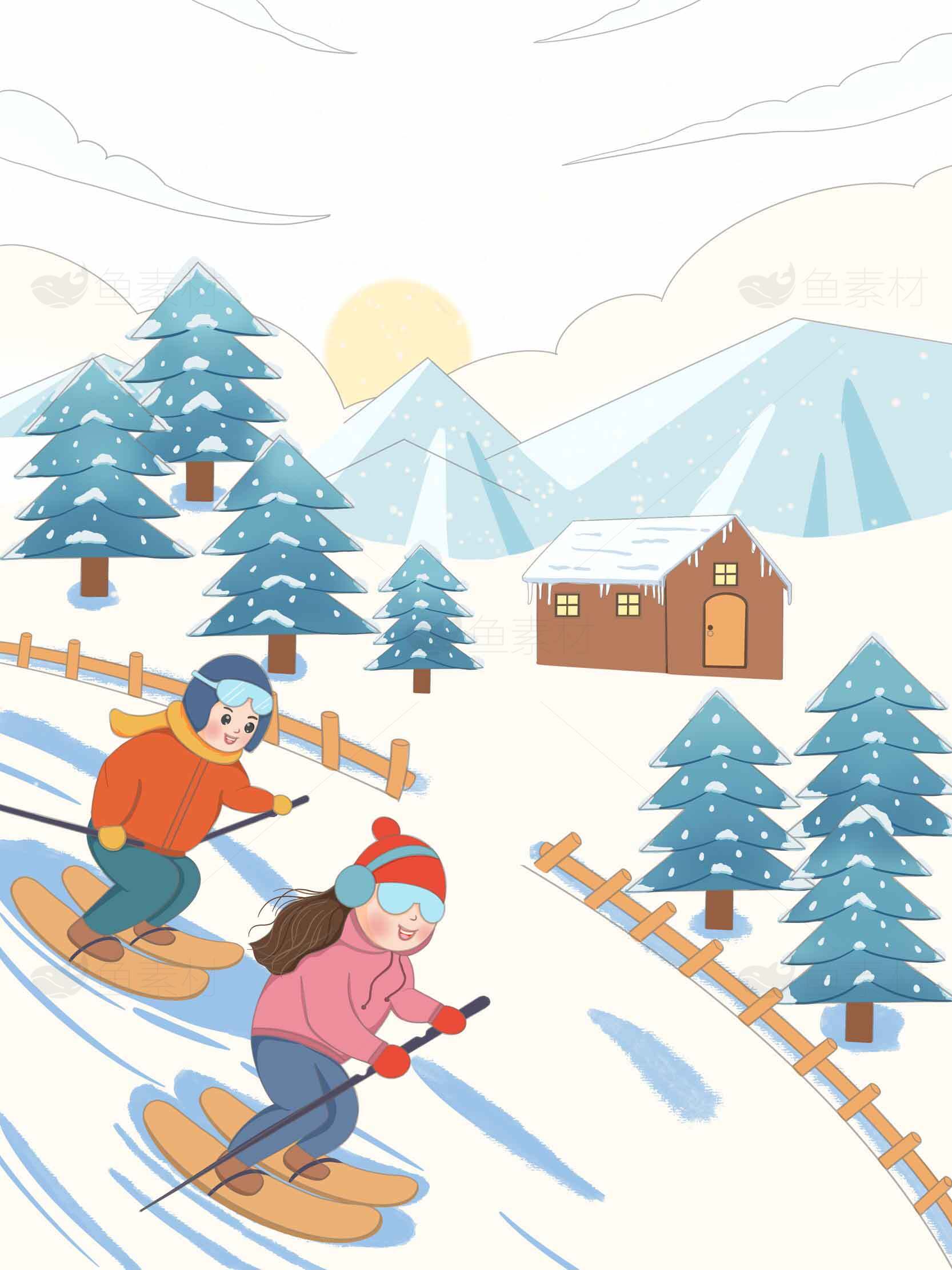 冬季滑雪度假村插画设计素材