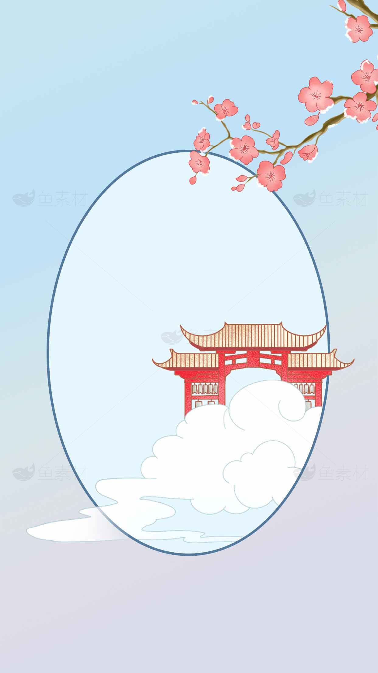 中国传统建筑与樱花背景插画素材