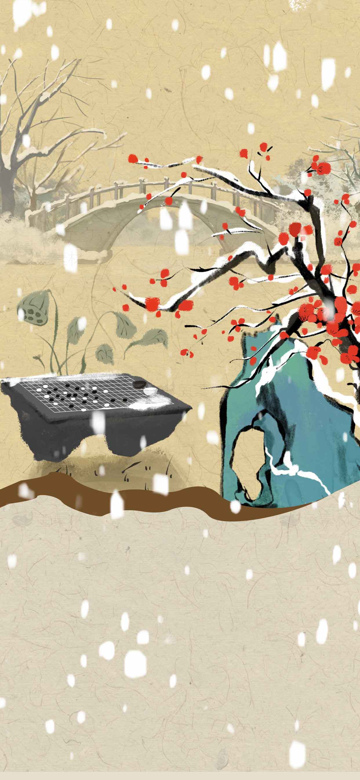 中国传统水墨画冬季雪景与红梅意境素材