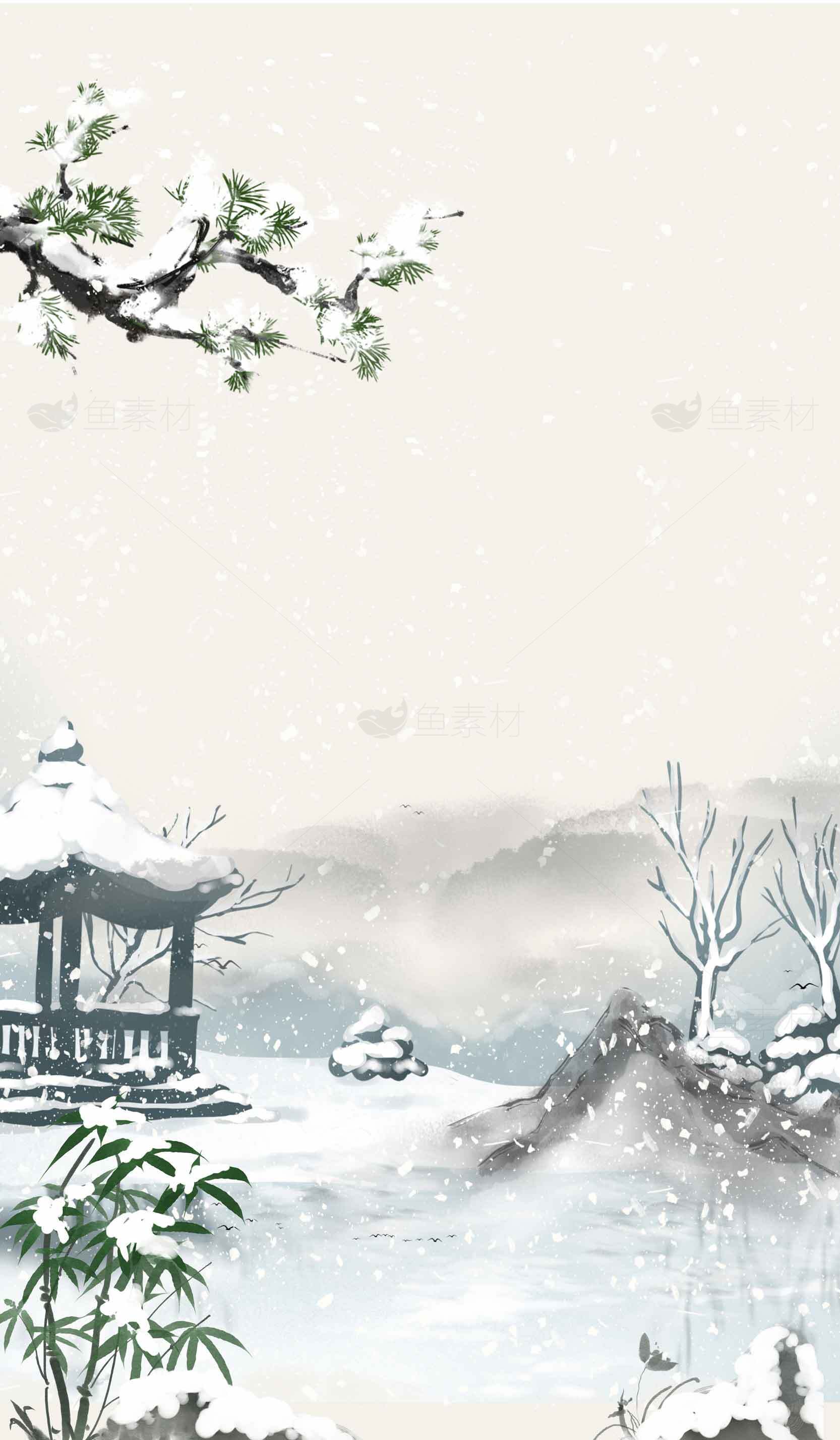 中国水墨风雪景插画背景图片素材