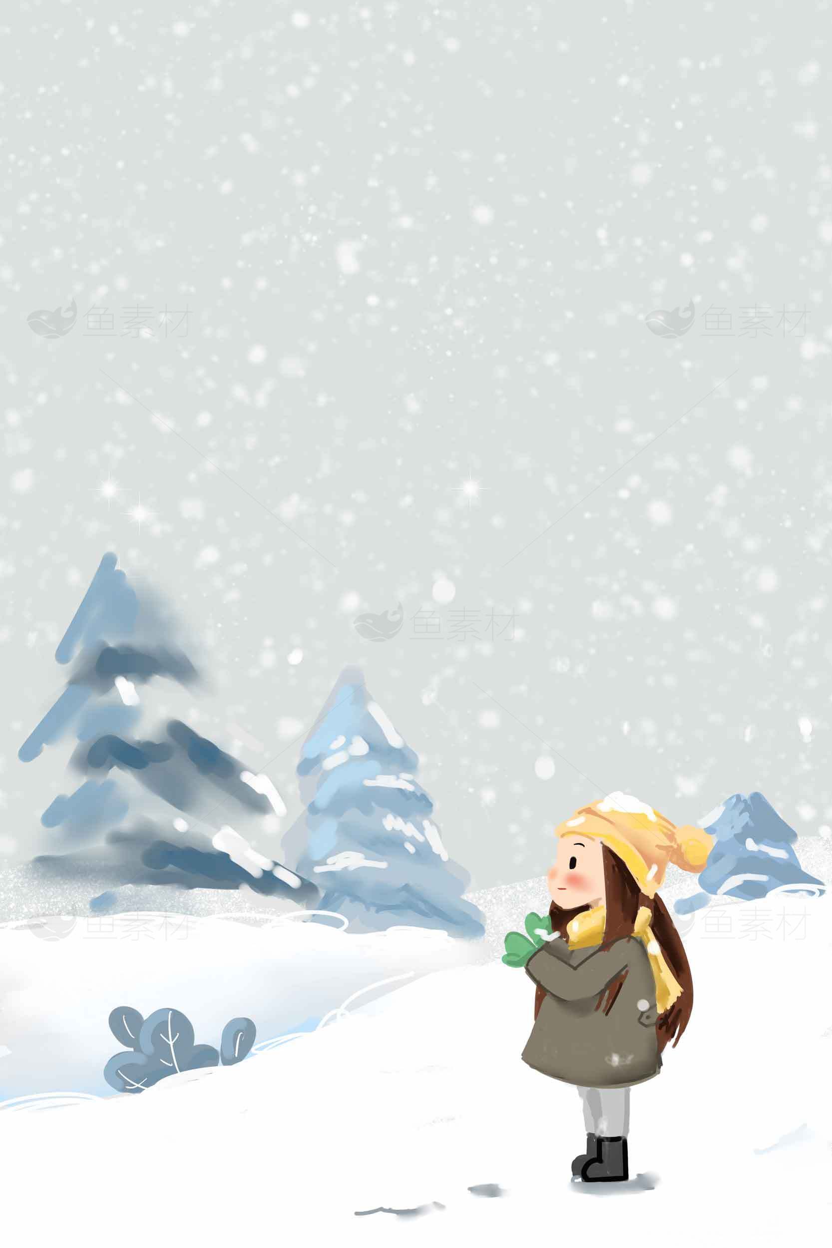冬季雪景插画女孩温暖治愈场景素材