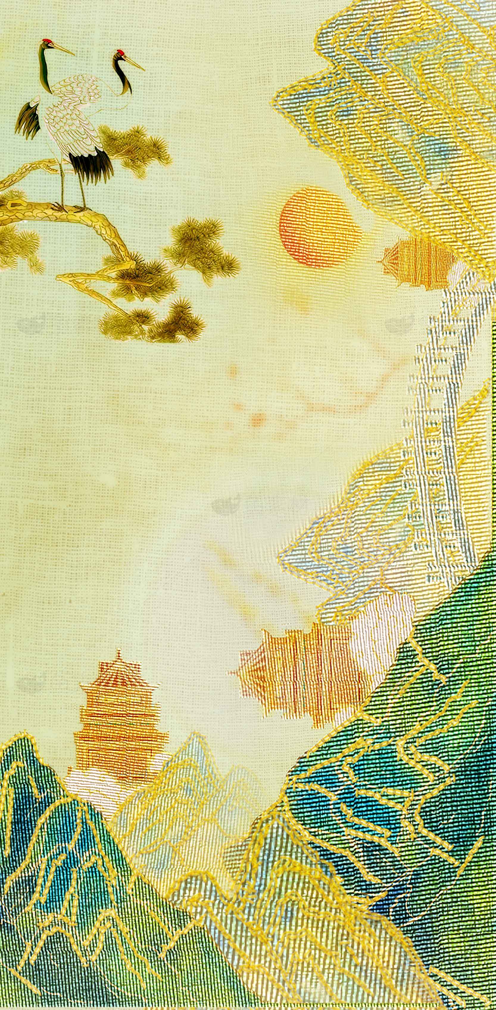 中国传统山水画仙鹤日出意境图素材