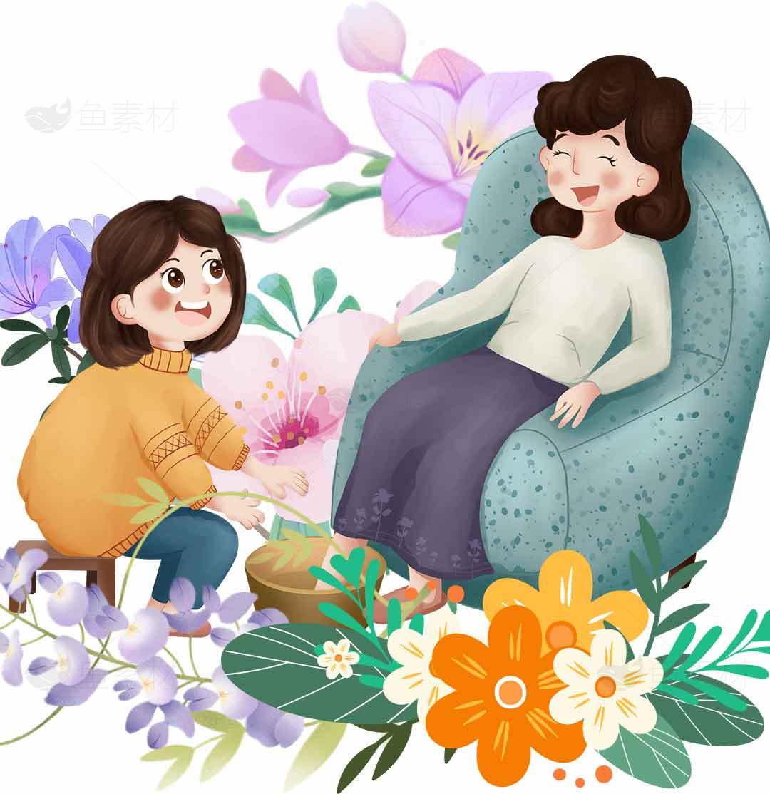 温馨母女互动插画素材