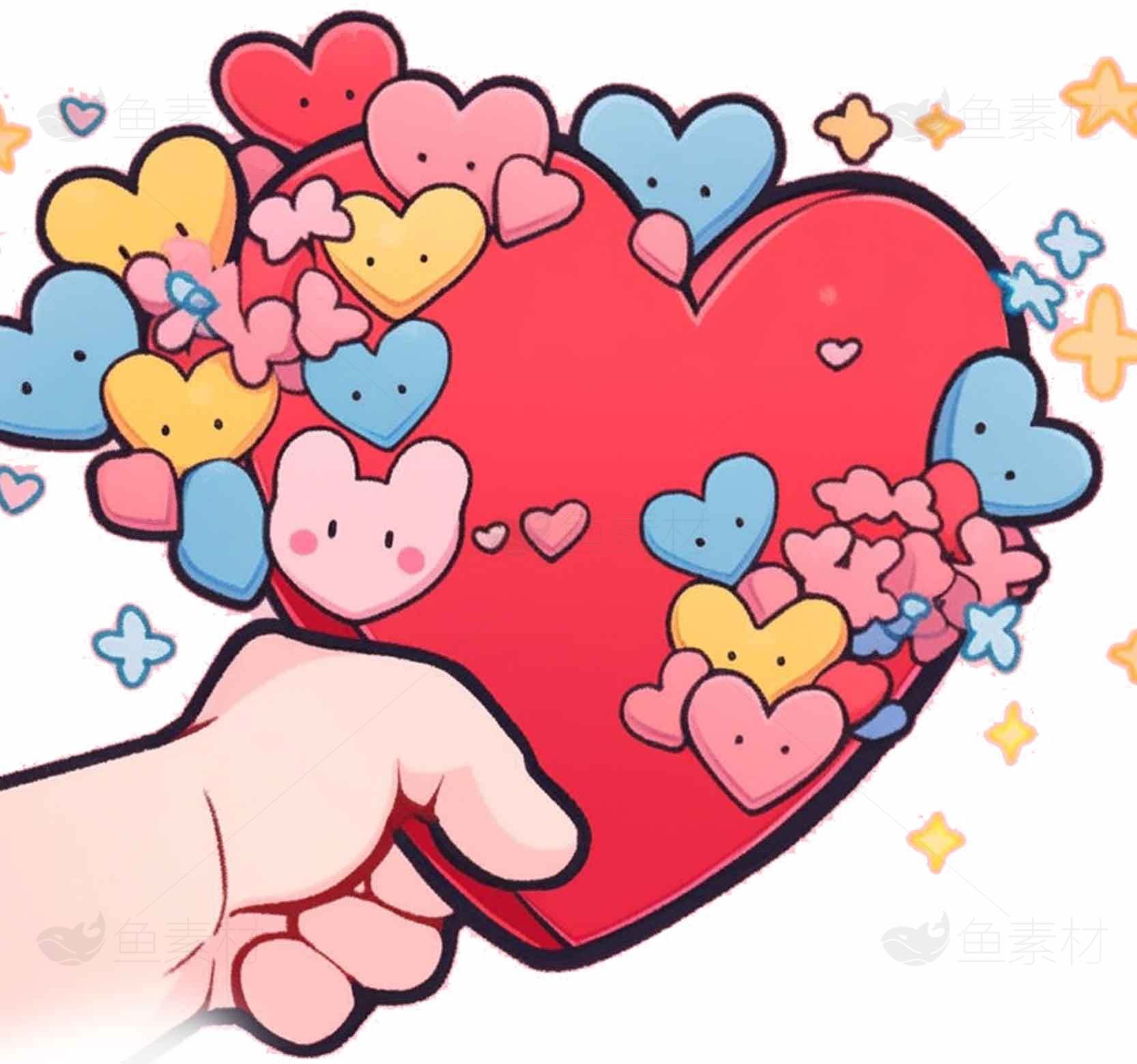 可爱卡通爱心插画：手握红心与彩色小心形素材