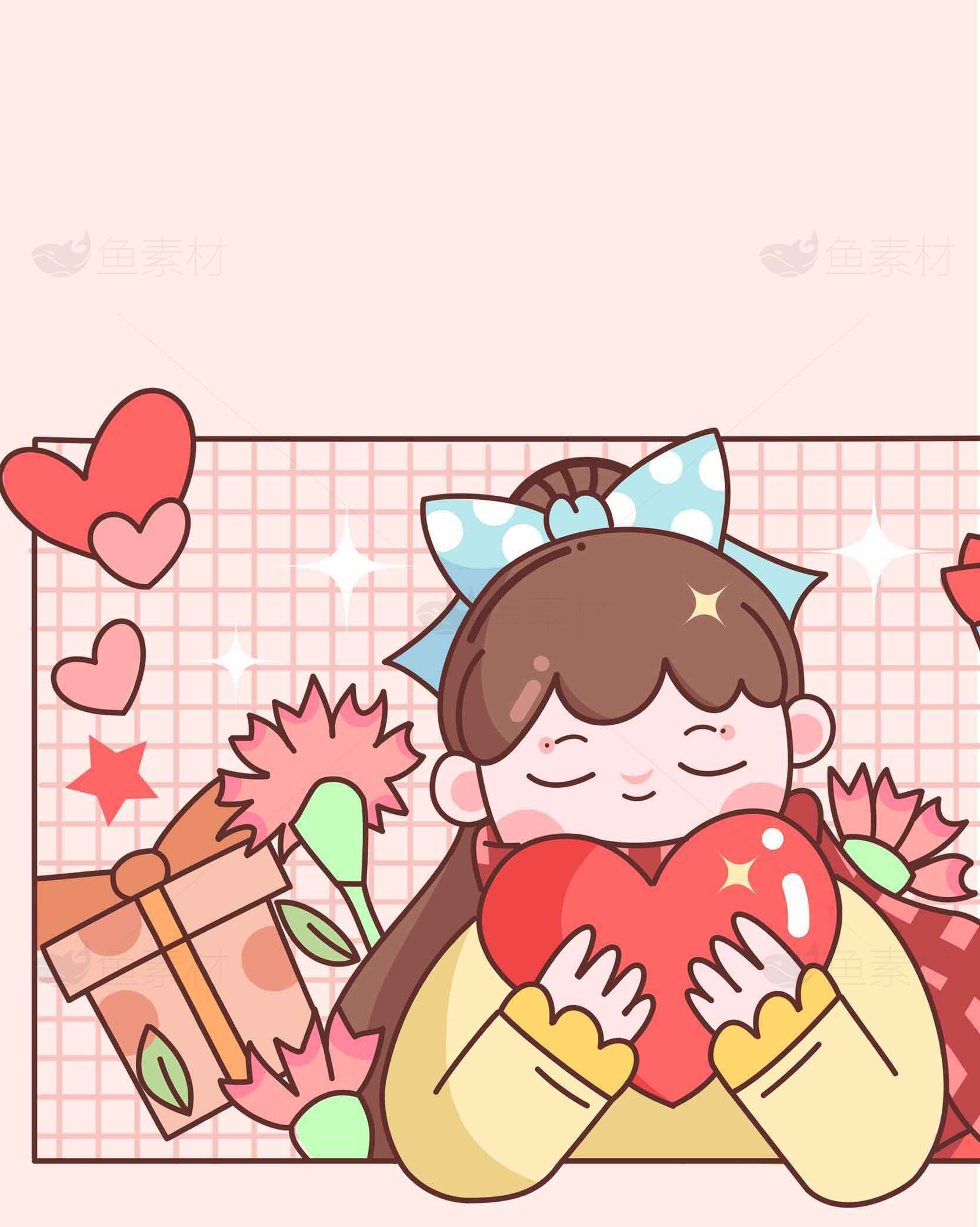 可爱卡通女孩拥抱爱心插画图片素材