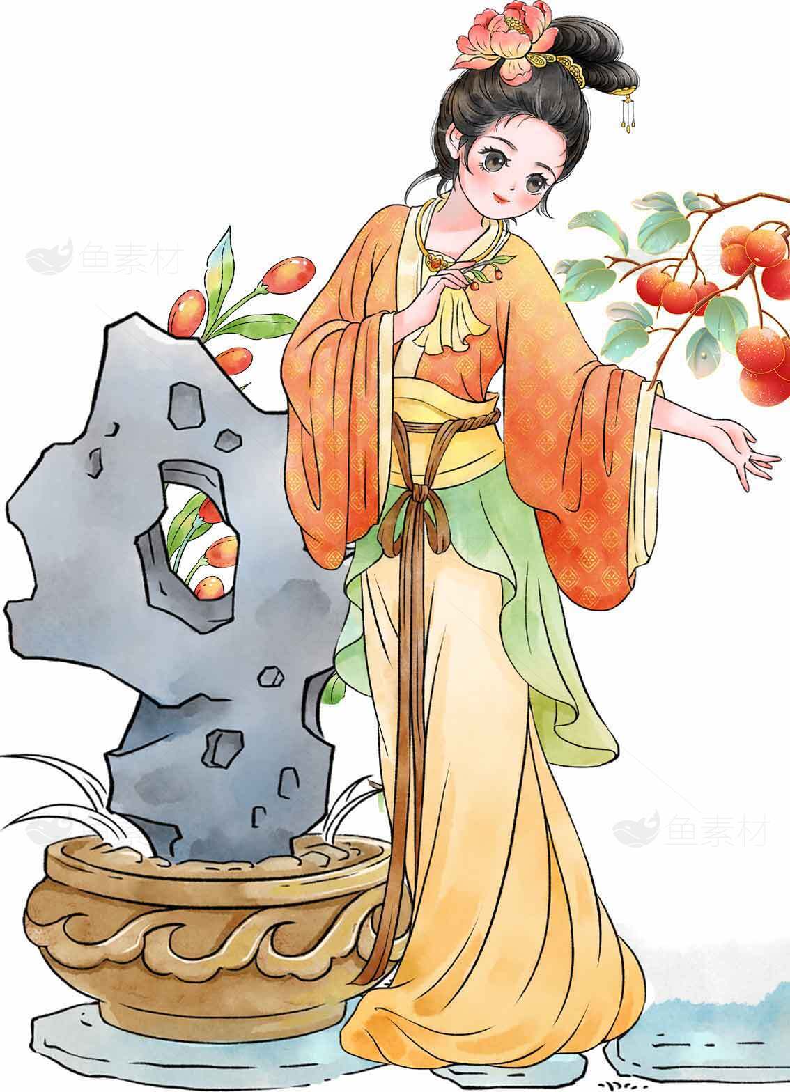 古典仕女插画：传统艺术与自然元素的完美结合素材