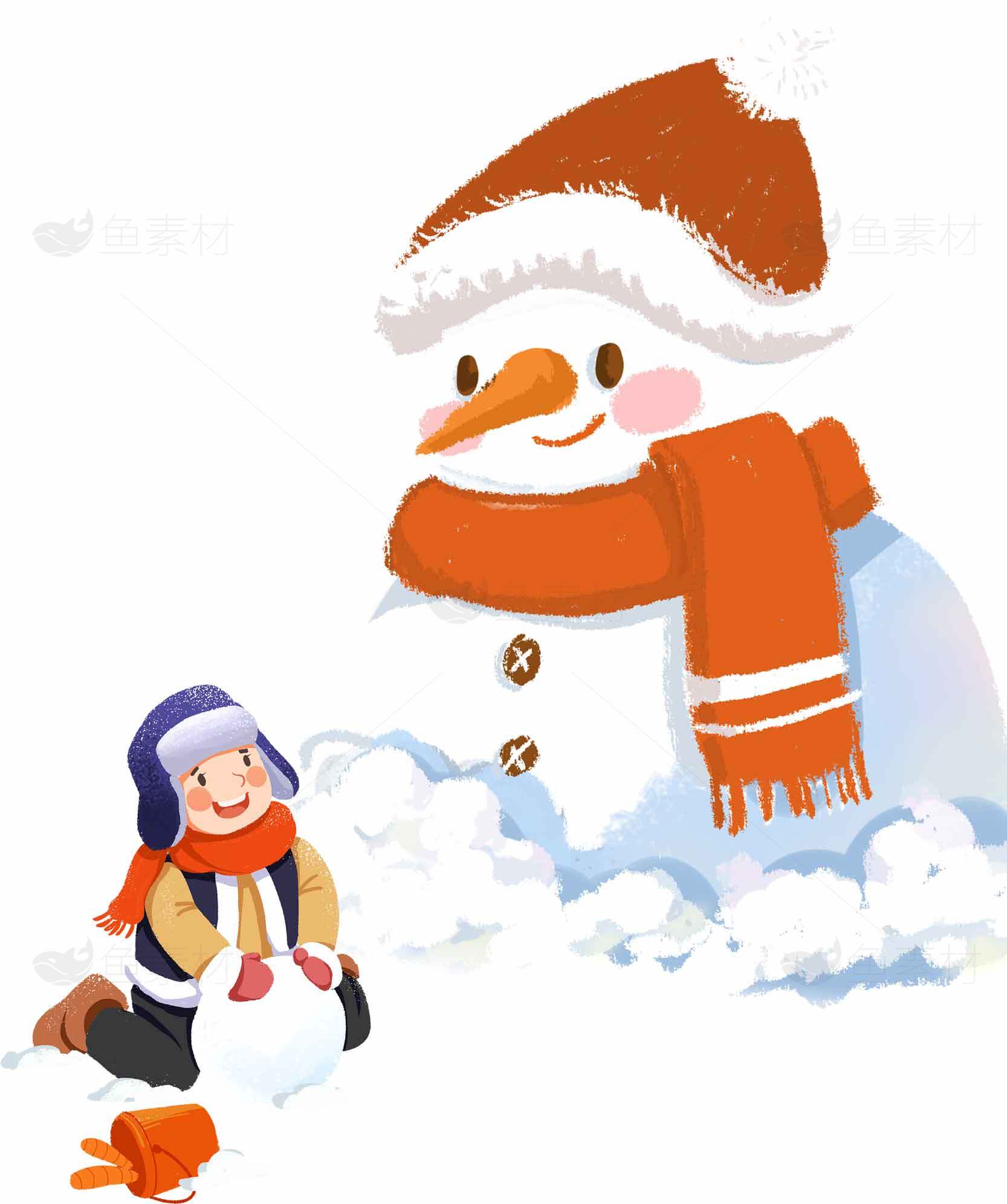 冬季雪人和孩子的温馨时光插画素材