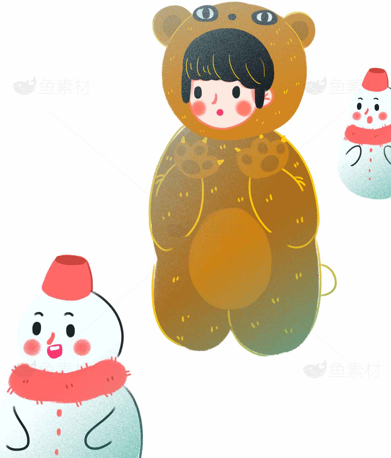 可爱熊装儿童与雪人插画图片素材