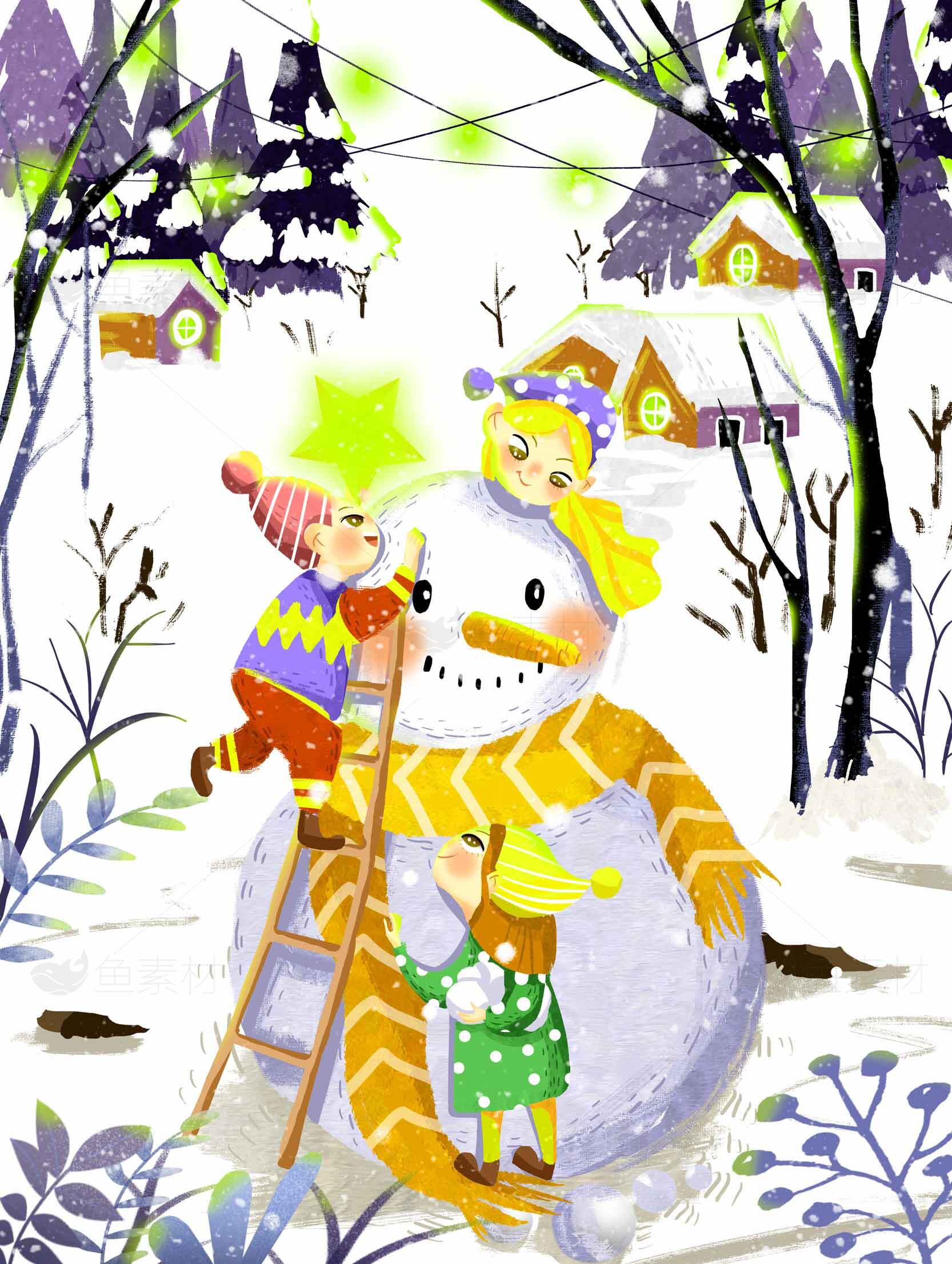冬季雪人堆雪景插画儿童欢乐场景素材
