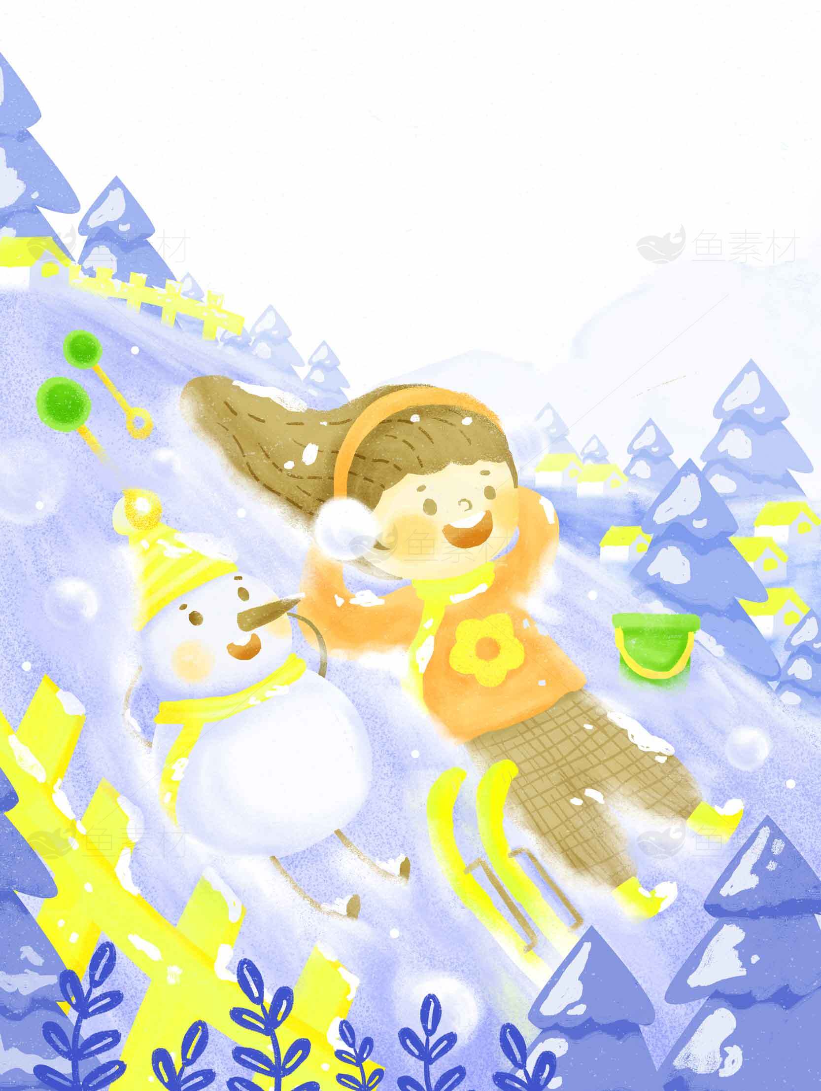 冬季雪地玩耍插画：孩子与雪人欢乐时光素材