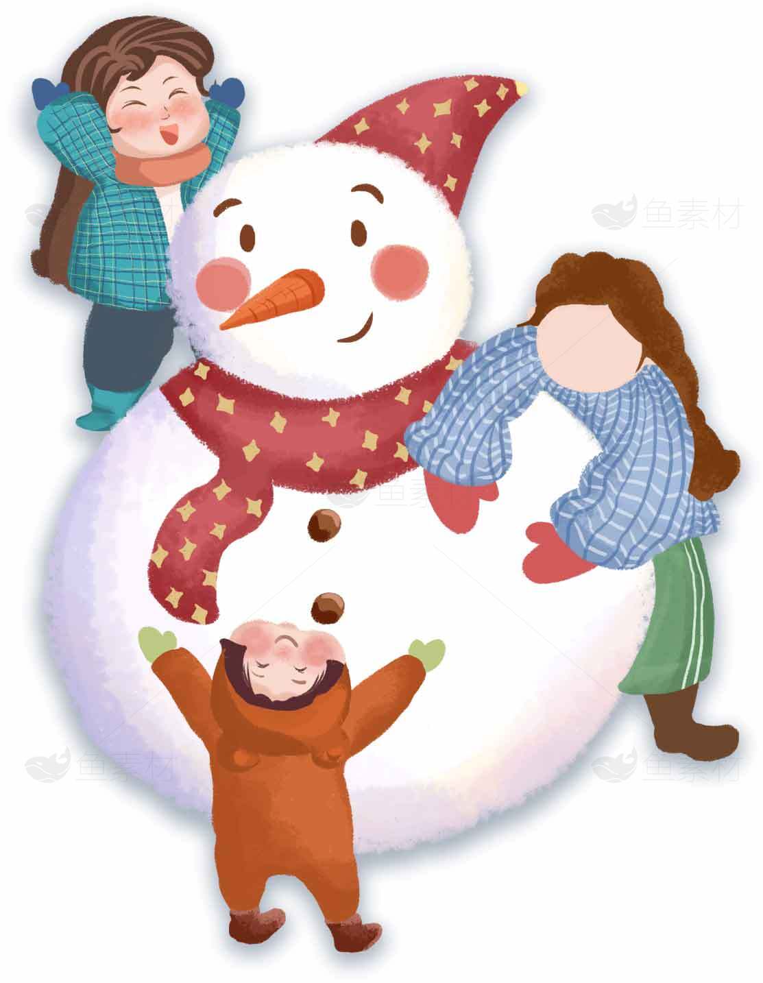 冬季雪人和孩子们的欢乐时光插画素材