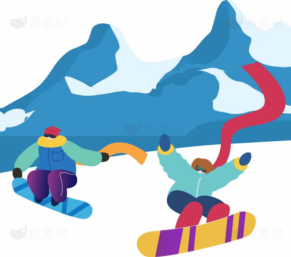 滑雪胜地冬季运动插画：雪山与滑雪者的精彩瞬间素材