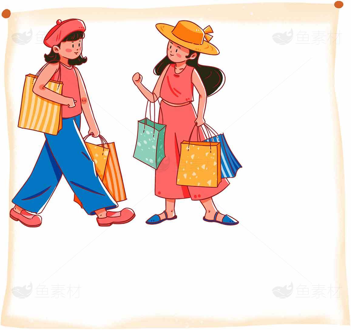 时尚购物插画：两位女性手提购物袋的卡通形象素材