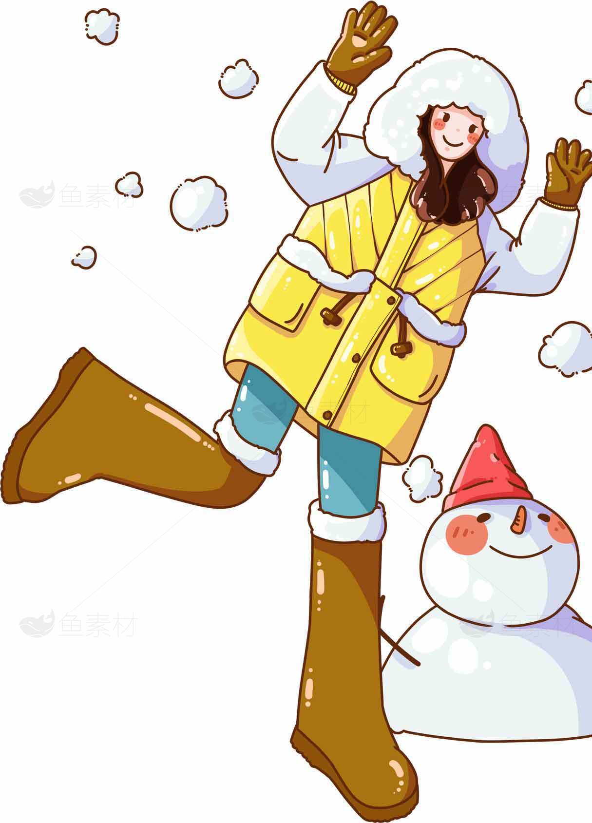 冬季雪地卡通人物与雪人插画素材