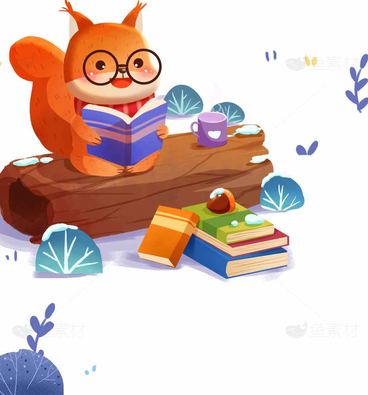 可爱松鼠读书插画图片素材