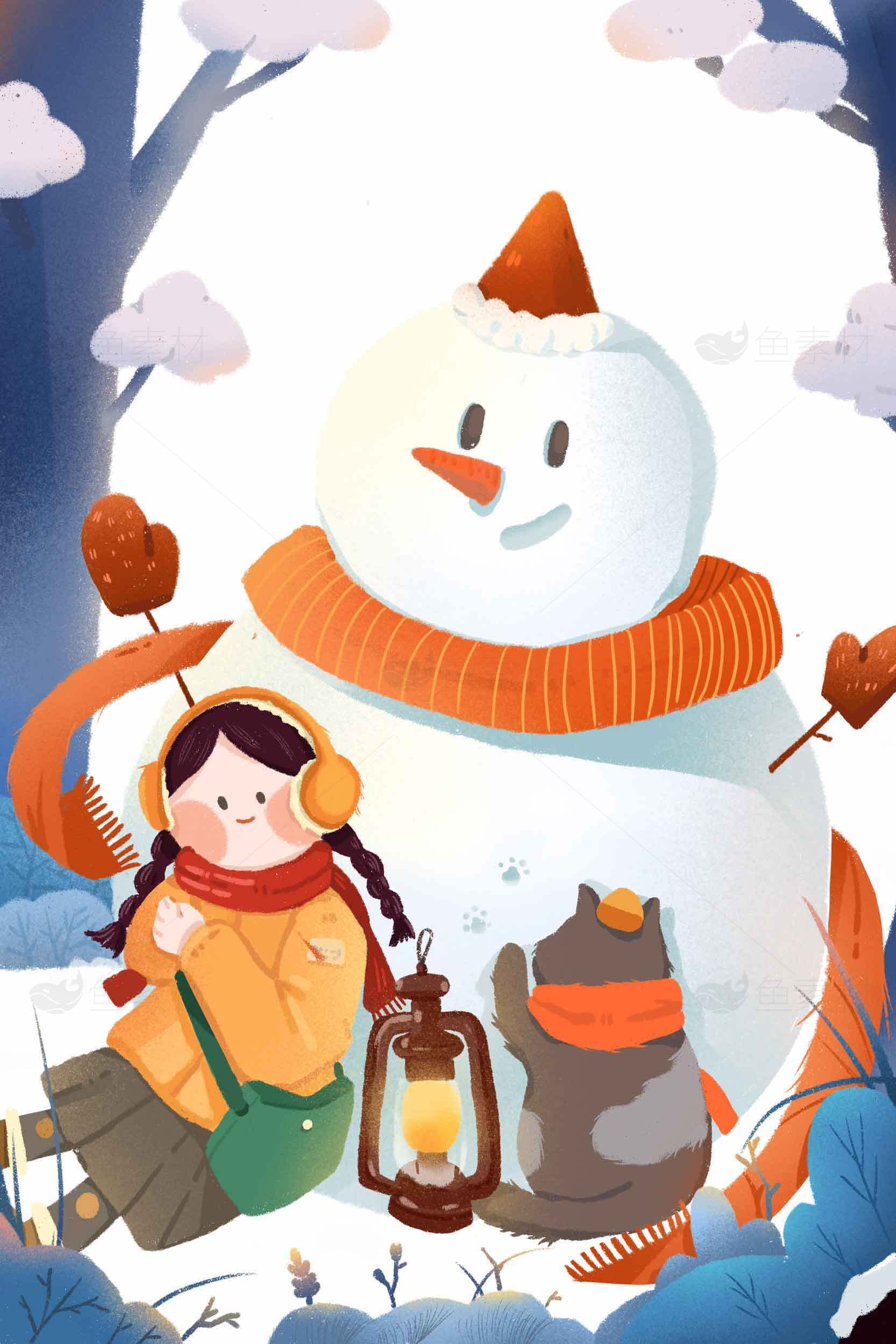 冬季雪人和女孩的温馨插画素材