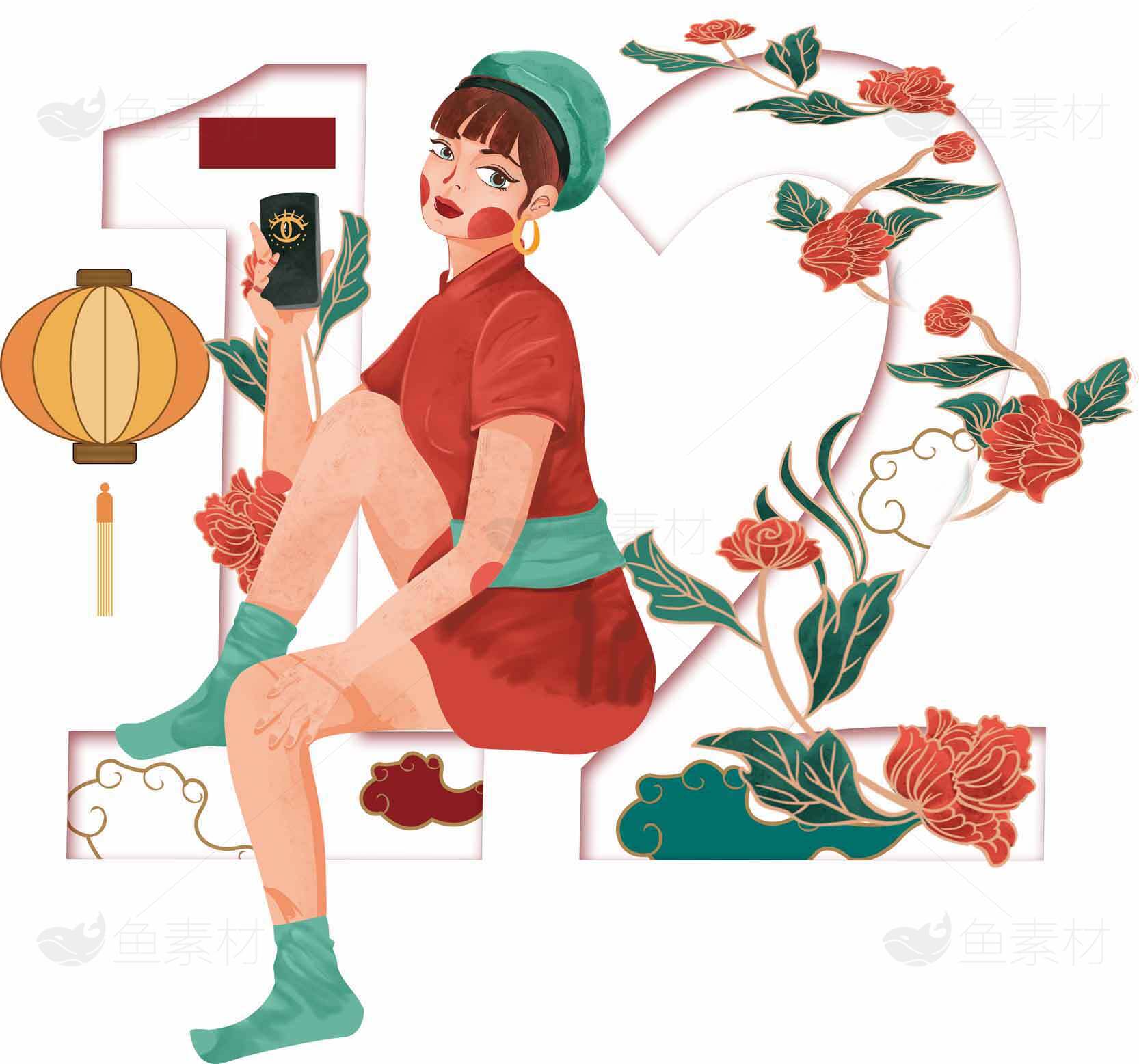 双十二国风插画：红衣少女与传统元素的完美结合素材