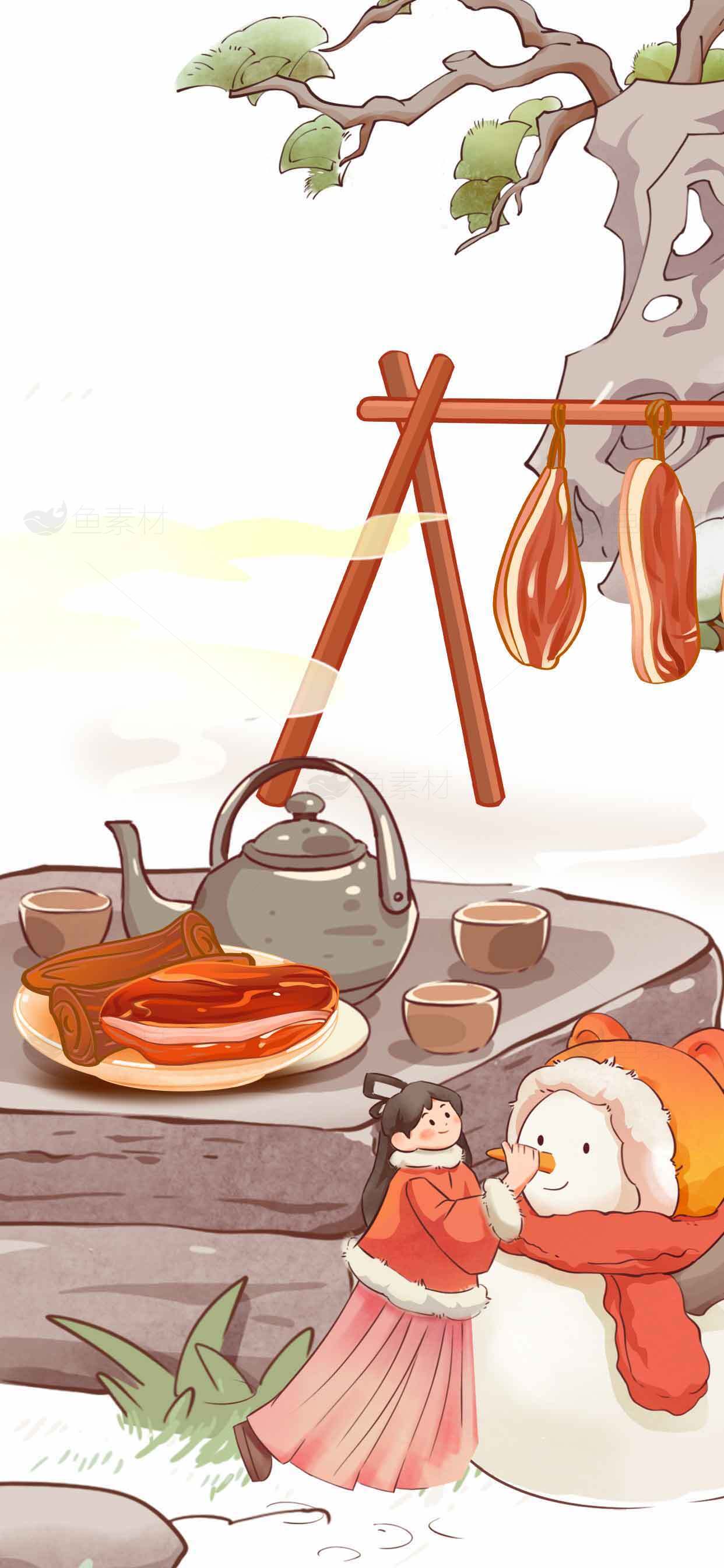 冬日雪景与腊肉茶点的温馨场景插画素材