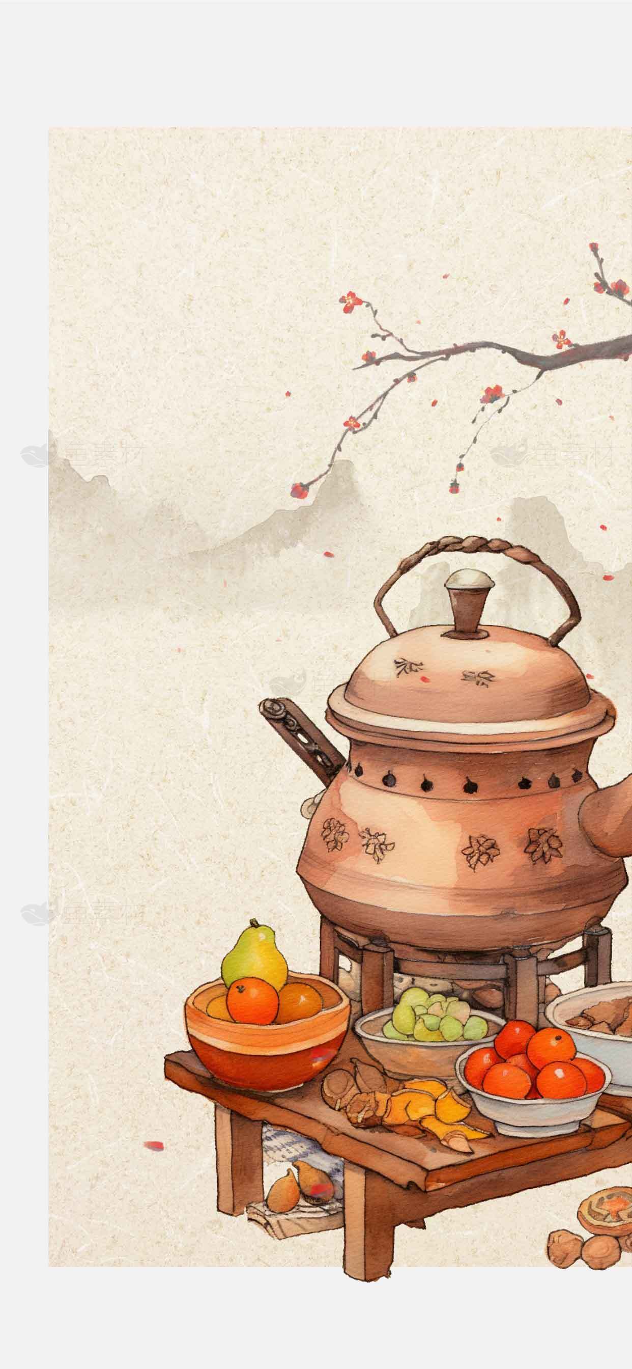 传统中式火锅与果蔬美食插画背景素材