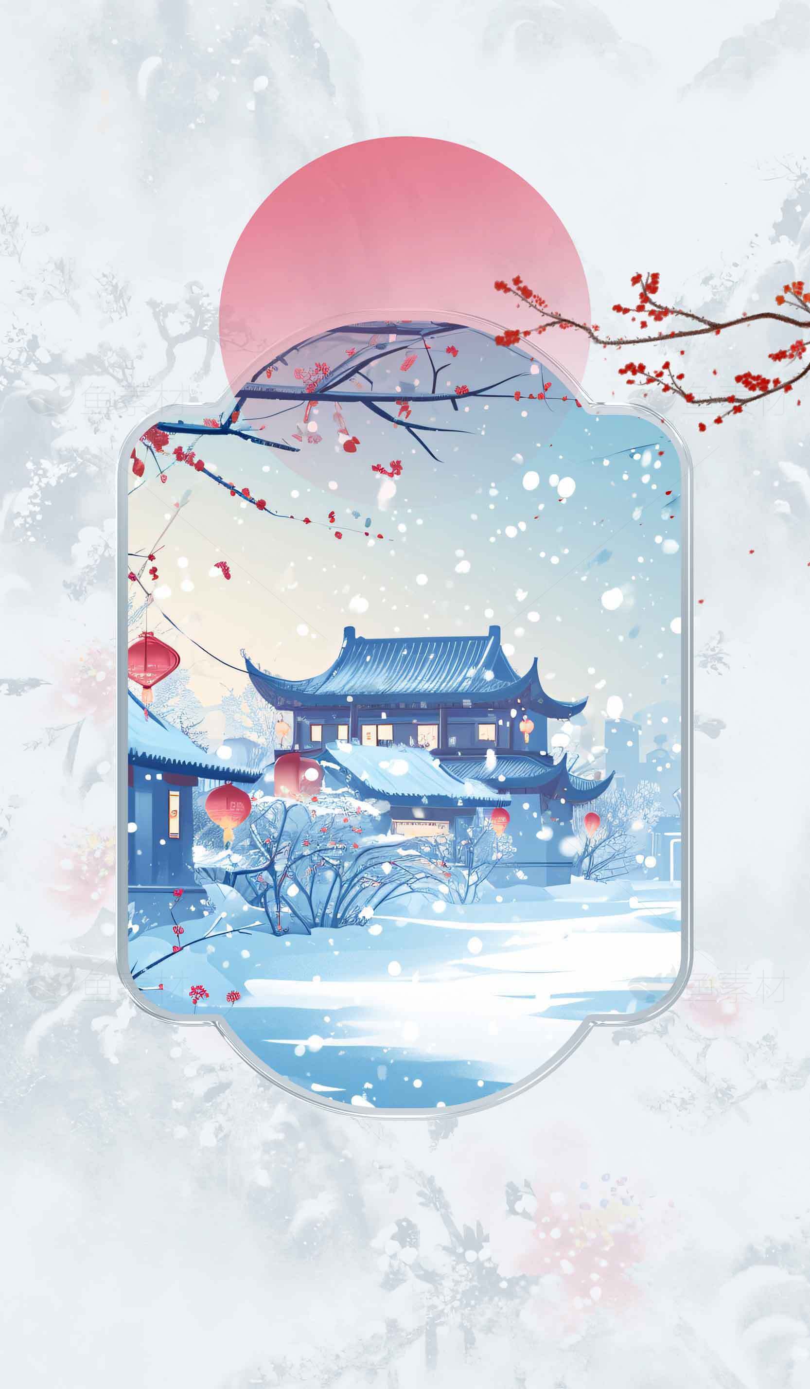 冬日古风雪景插画：灯笼与庭院的诗意画卷素材