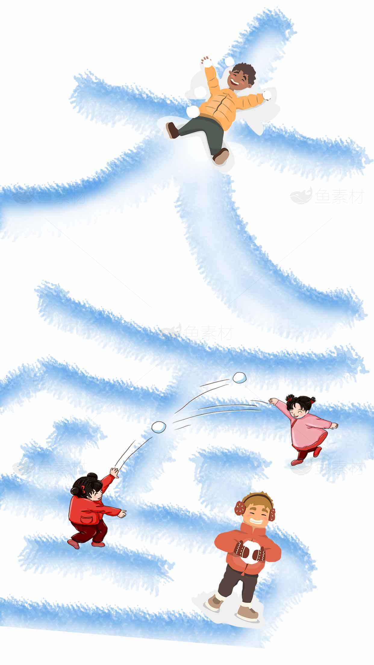 大雪中的小朋友玩雪趣味场景插画素材