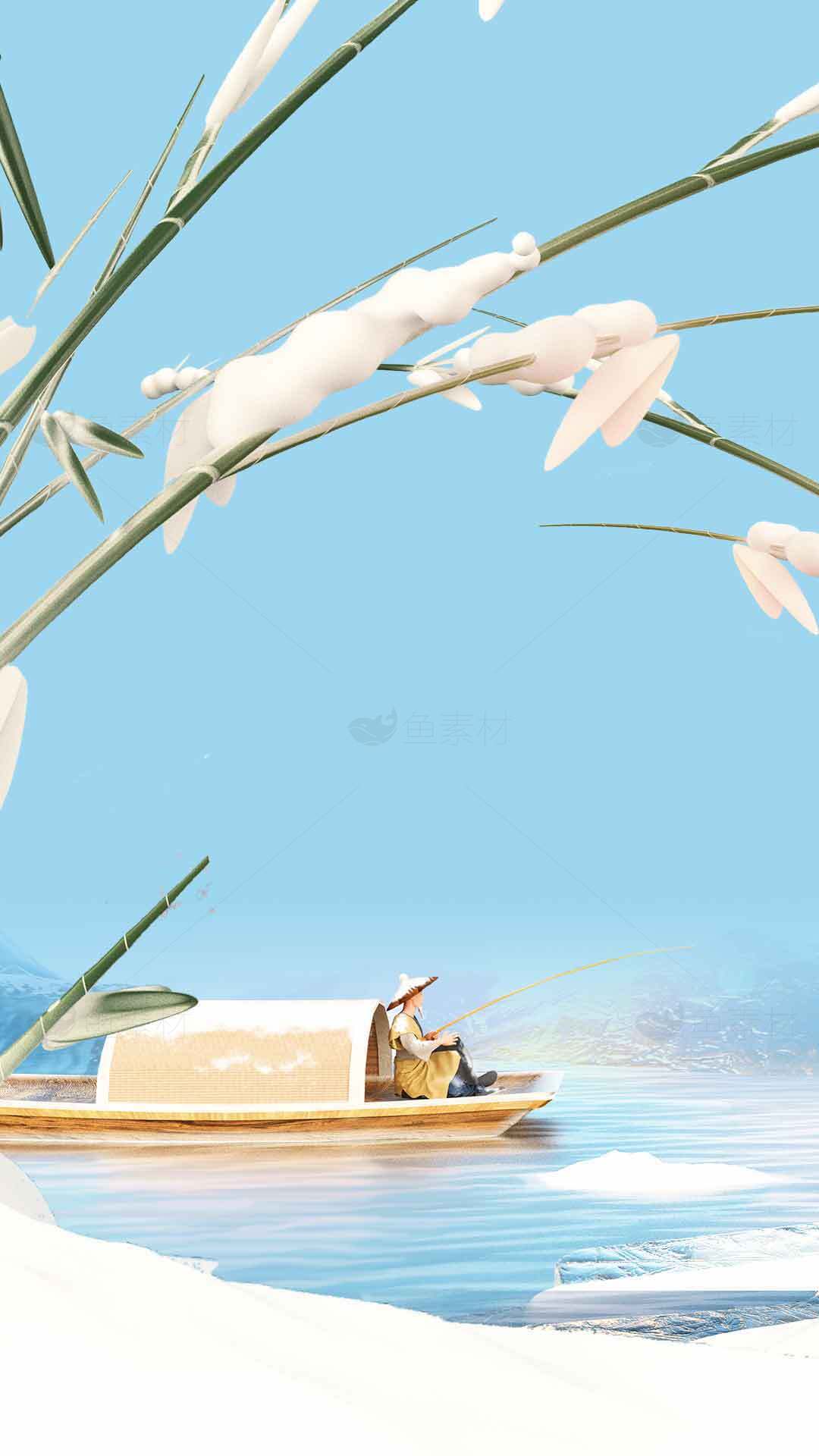 冬日湖上小舟与雪景插画素材