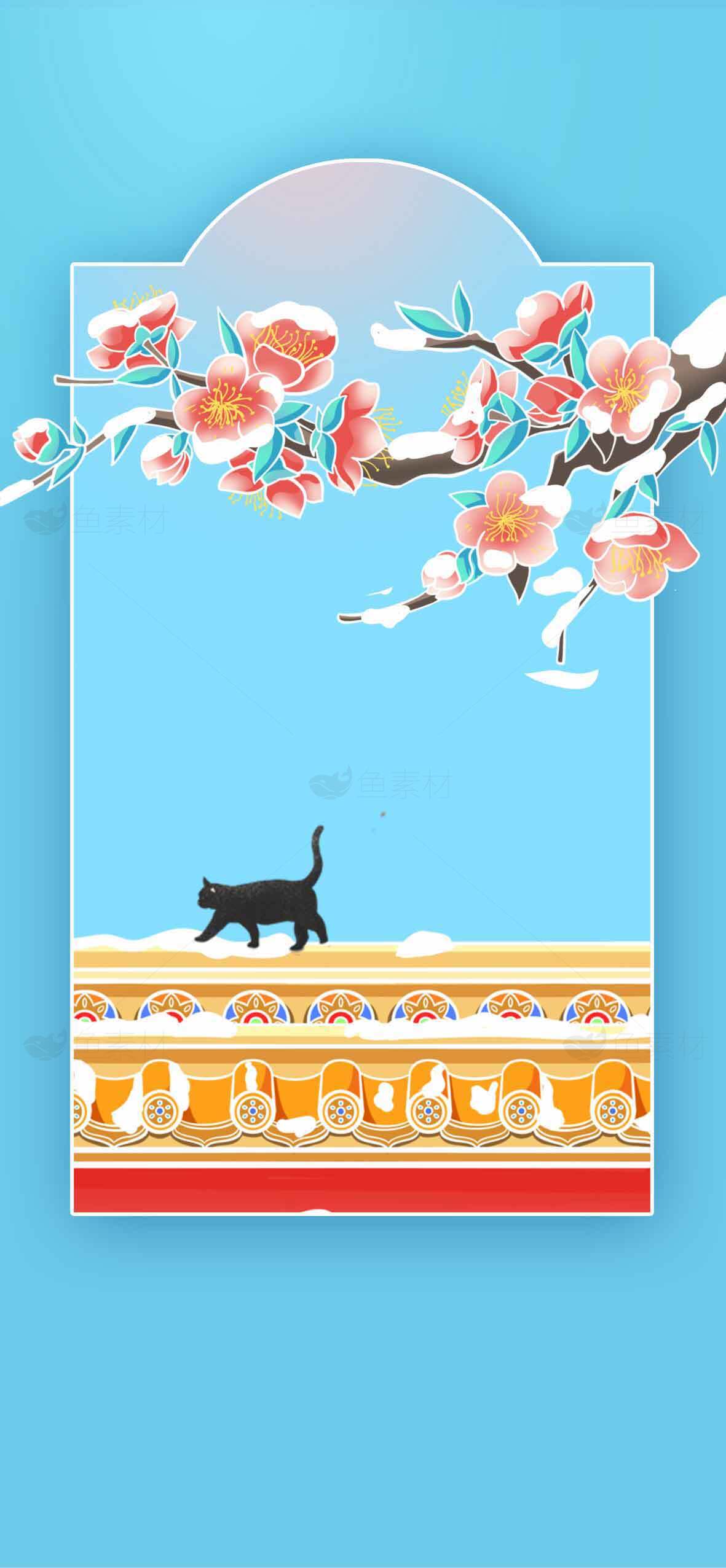 春日桃花与黑猫的唯美插画背景素材